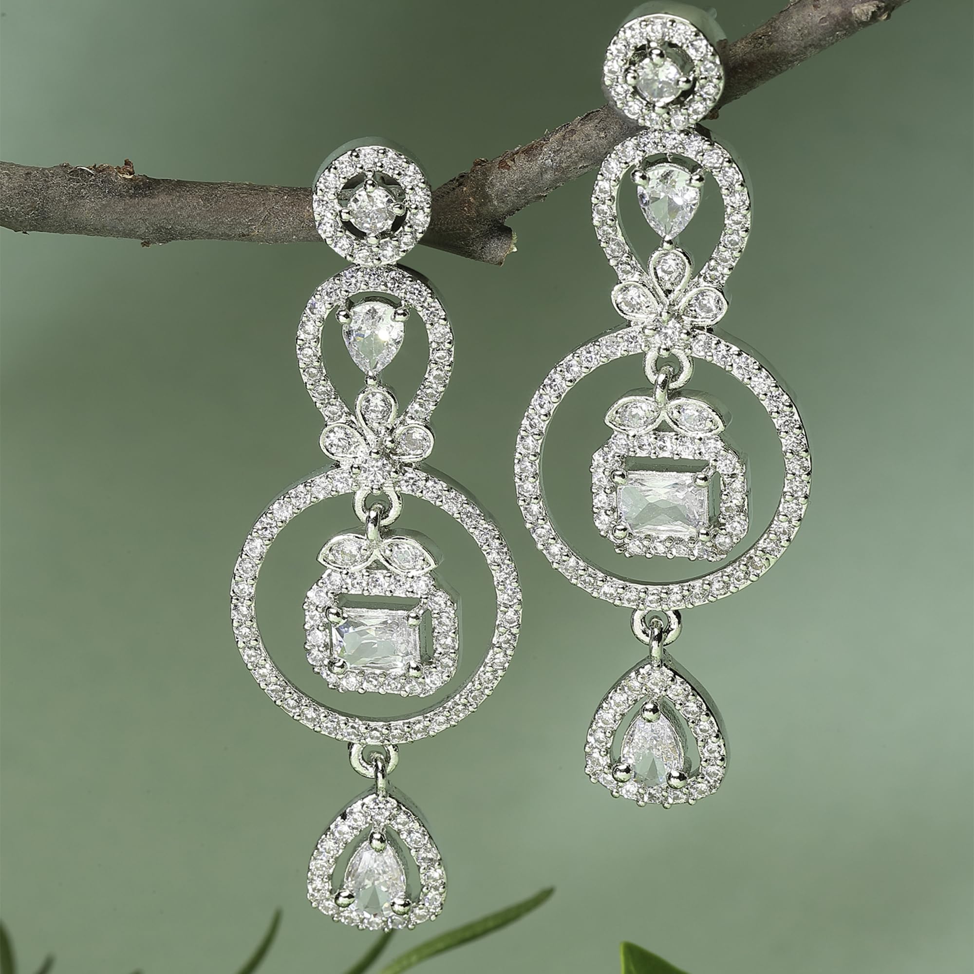 Rhodium-Plated Circular Drop Earrings with American Diamonds