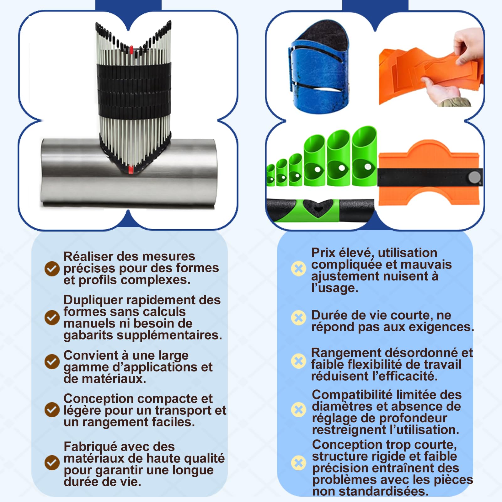 Outil de Profilage de Tuyaux Multifonction, Gabarit de Contour pour Copie de Formes de Tuyaux, Jauge de Mesure pour Carrelage Menuiserie Plomberie Métal et Rénovation (Tuyaux de 0–3″) (Tuyaux de 0–6″)