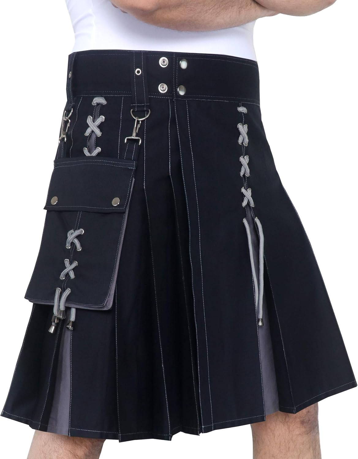 DSS KILTS Modern Two-Tone Utility Kilt for Men | 100% Cotton Work & Fashion Kilt with Detachable Pockets & X-Lace Design