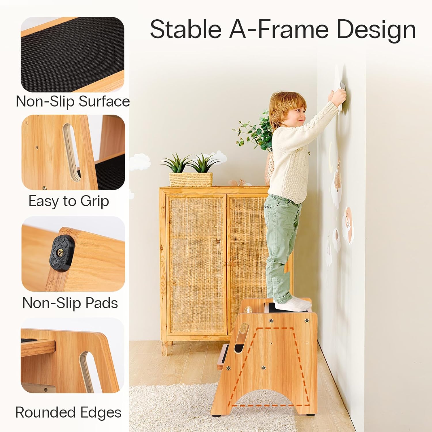 StrongTek Wooden Step Stool Set, Bamboo 2-Step Stool for Adults & Kids + Dual-Height Toddler Stool with Handles, Non-Slip, Portable, Heavy-Duty 300–350 lbs Capacity for Bathroom, Kitchen & Bedroom