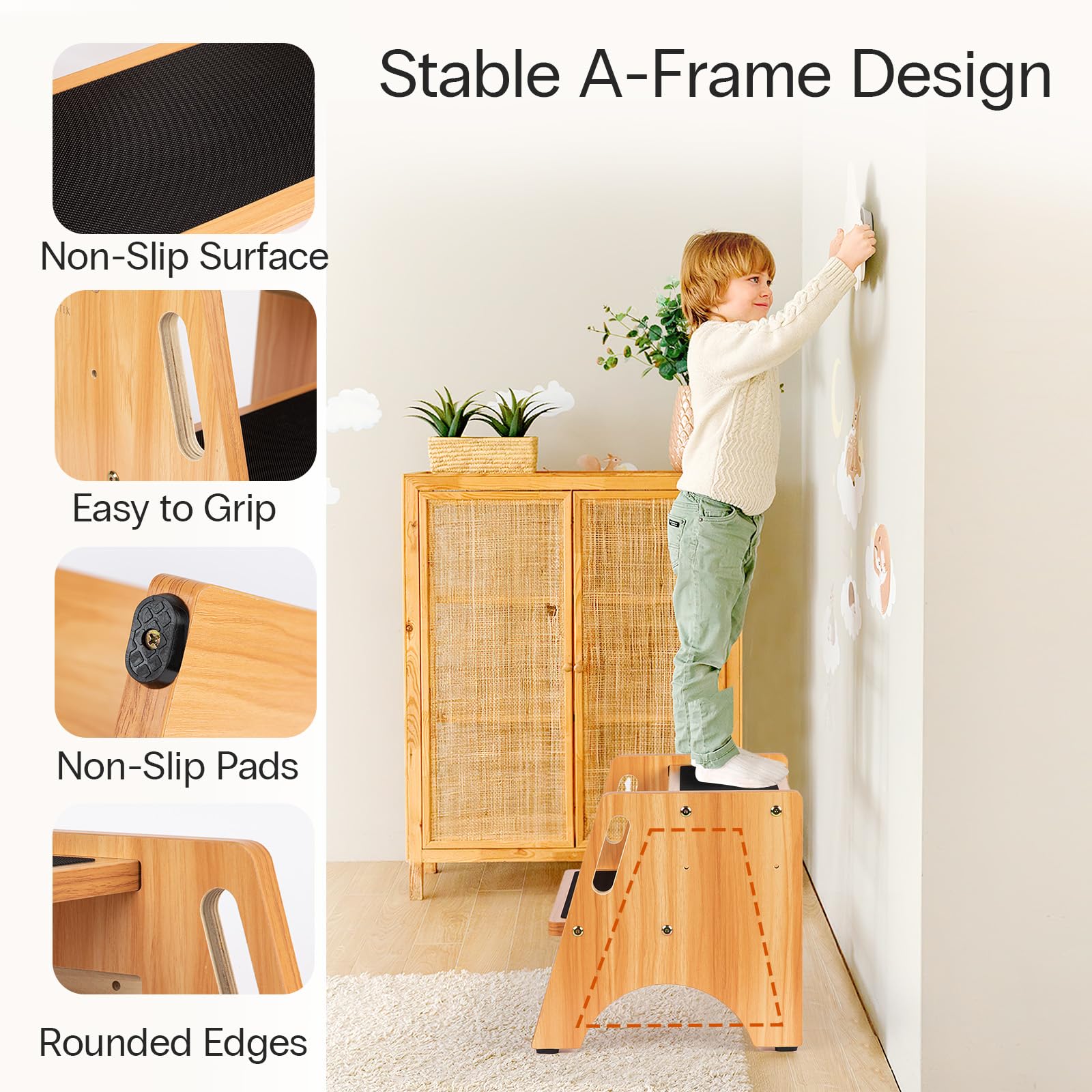 StrongTek Taburete 2 Escalones Ajustables de Madera | Escalera resistente de madera con 2 peldaños regulables en altura y bordes antideslizantes para uso familiar