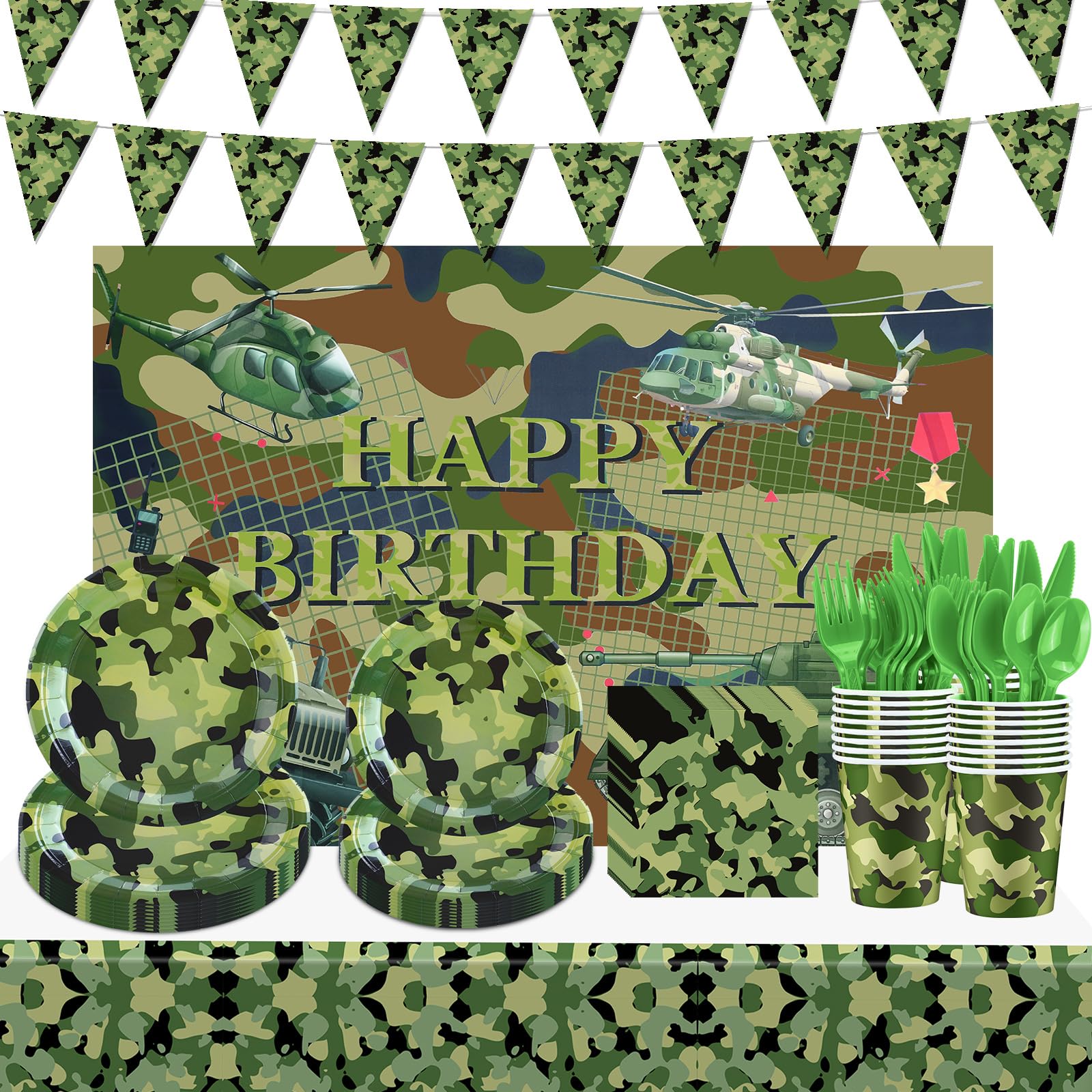 Camo Birthday Party Decorations Camouflage Birthday Banner Backdrop Camo Party Supplies Plastic Tablecloth Dinnerware Paper Plates Napkins Cups for