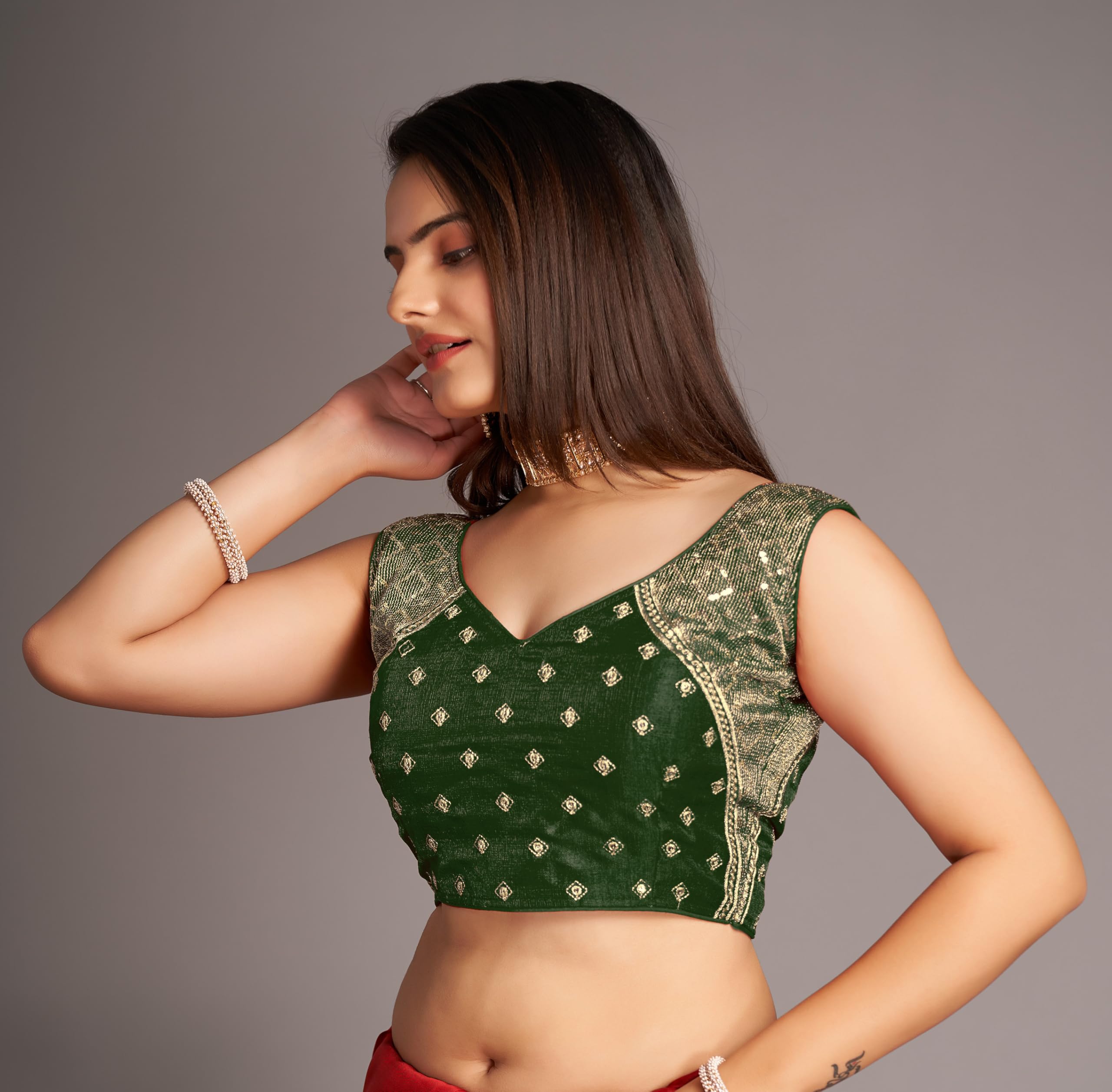 Pujia Mills Women's Sequin Embroidered V Neck Sleeveless Green Readymade Saree Blouse Indian Ethnic Stitched Padded Blouses For Women