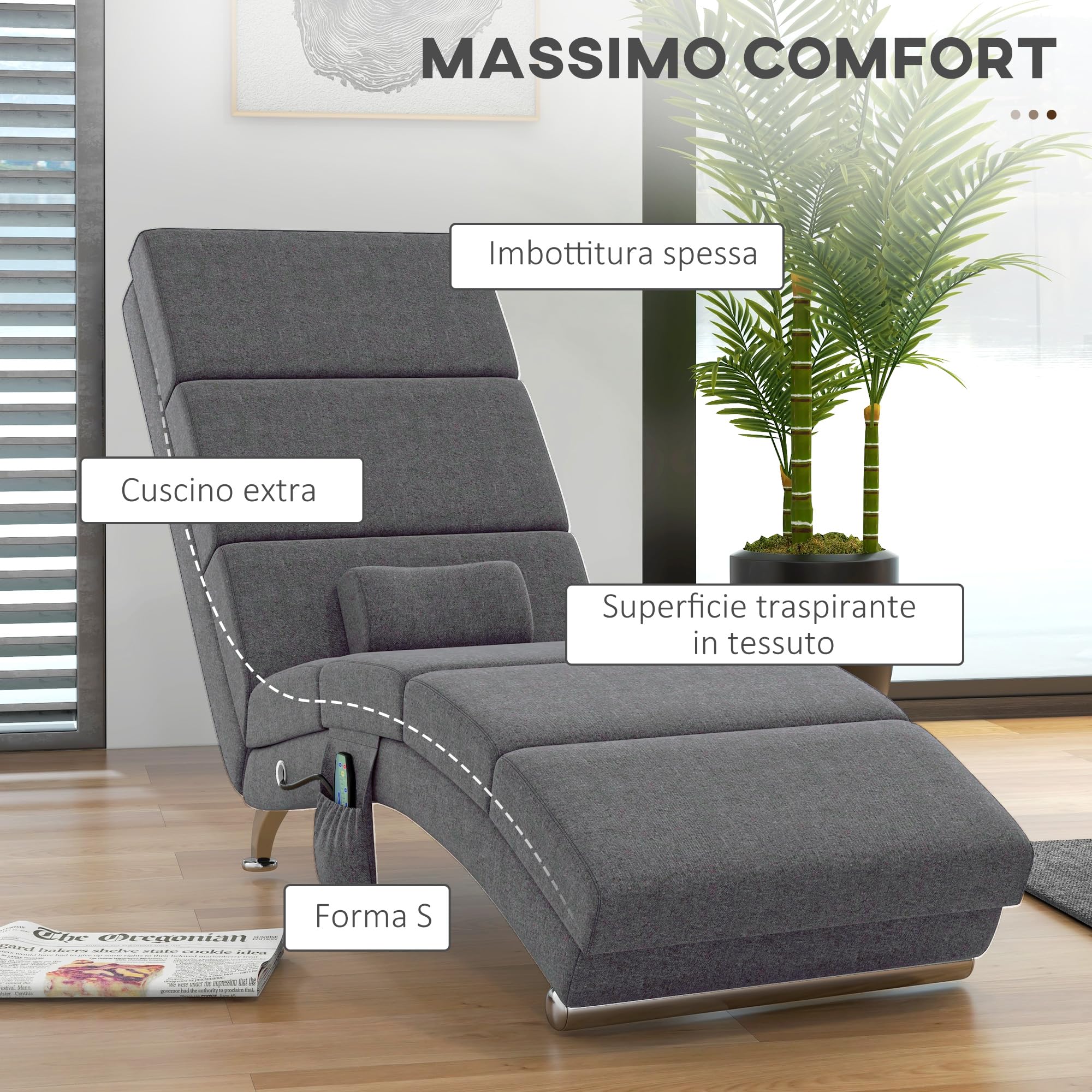 HOMCOM Poltrona Relax Massaggiante con 8 Punti Vibranti e Riscaldamento, 5 Modalità e 3 Timer, Chaise Longue Ergonomica in Tessuto Effetto Lino con Telecomando, Grigio