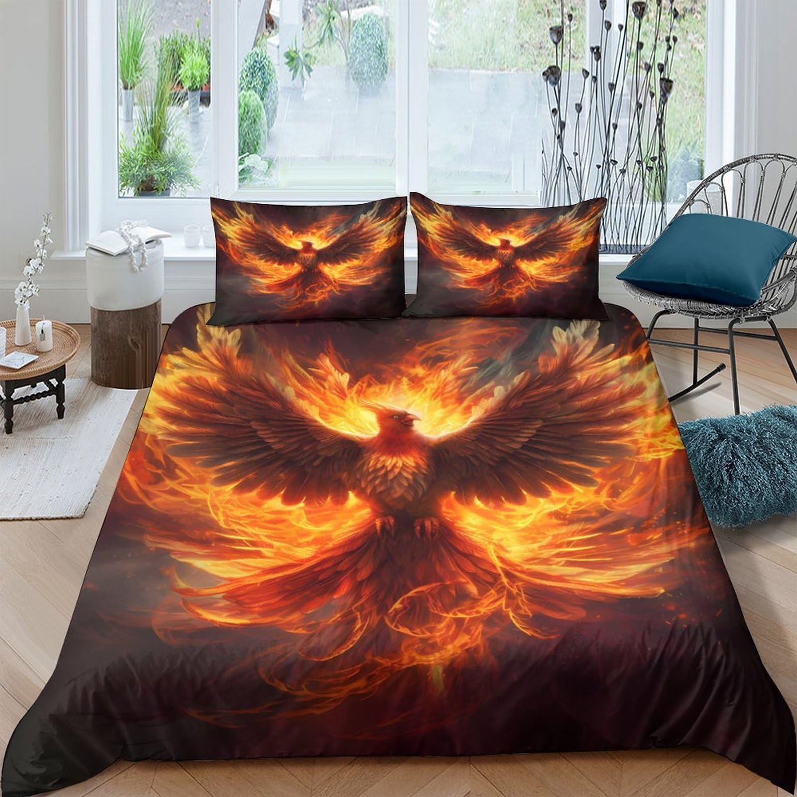 Ctjqhvkz Style-3 3D Printed Fiery Phoenix Fitted Sheet Microfiber Soft Breathable Flame Bird Bed Cover For Bedroom Dorm Mattress Protection Decor Single（135X200cm）