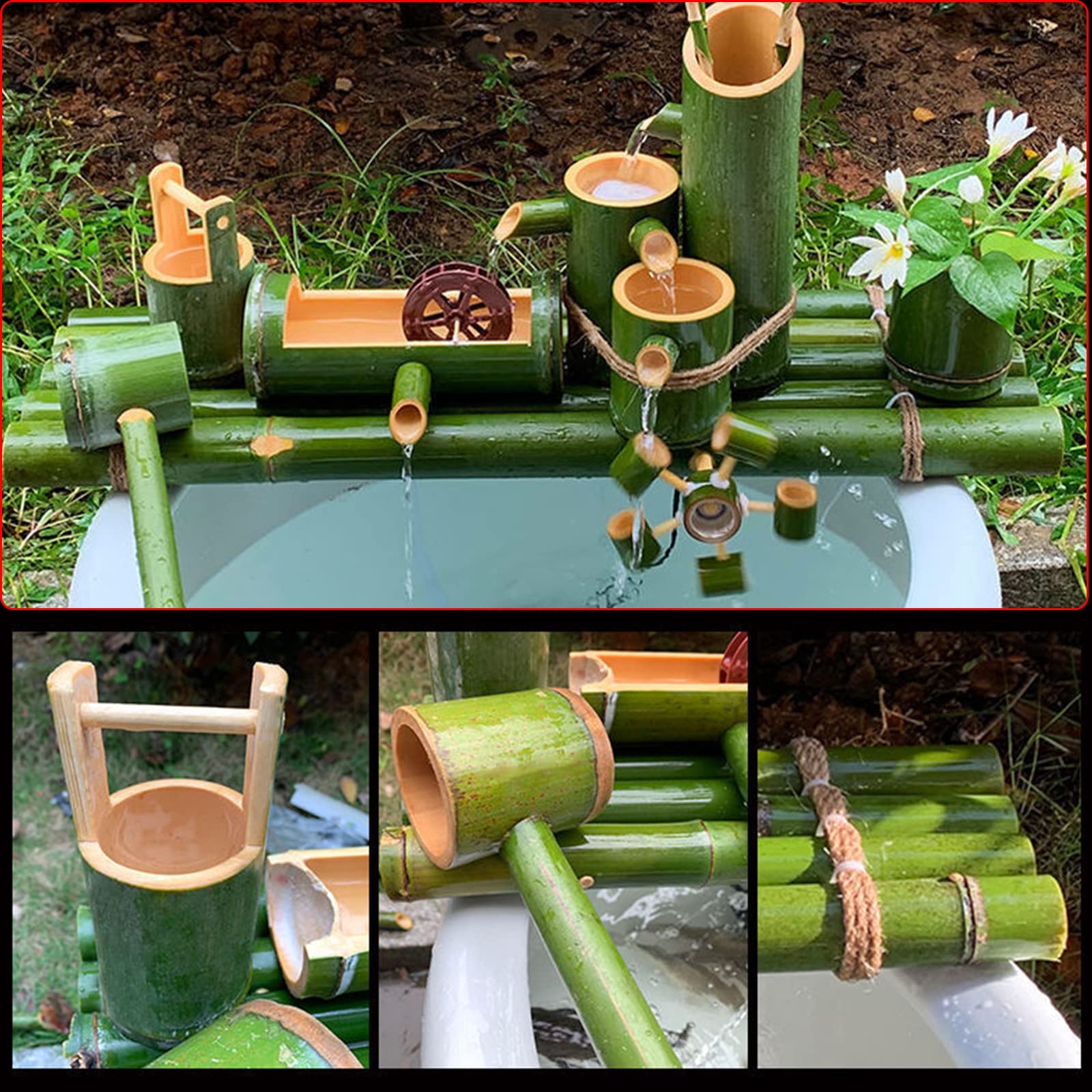 Fontana d'acqua in bambù per esterni con pompa, facile da installare in stagno o giardino, fatta a mano, in bambù naturale resistente alle spaccature, creatività, 50 cm / 19.7in