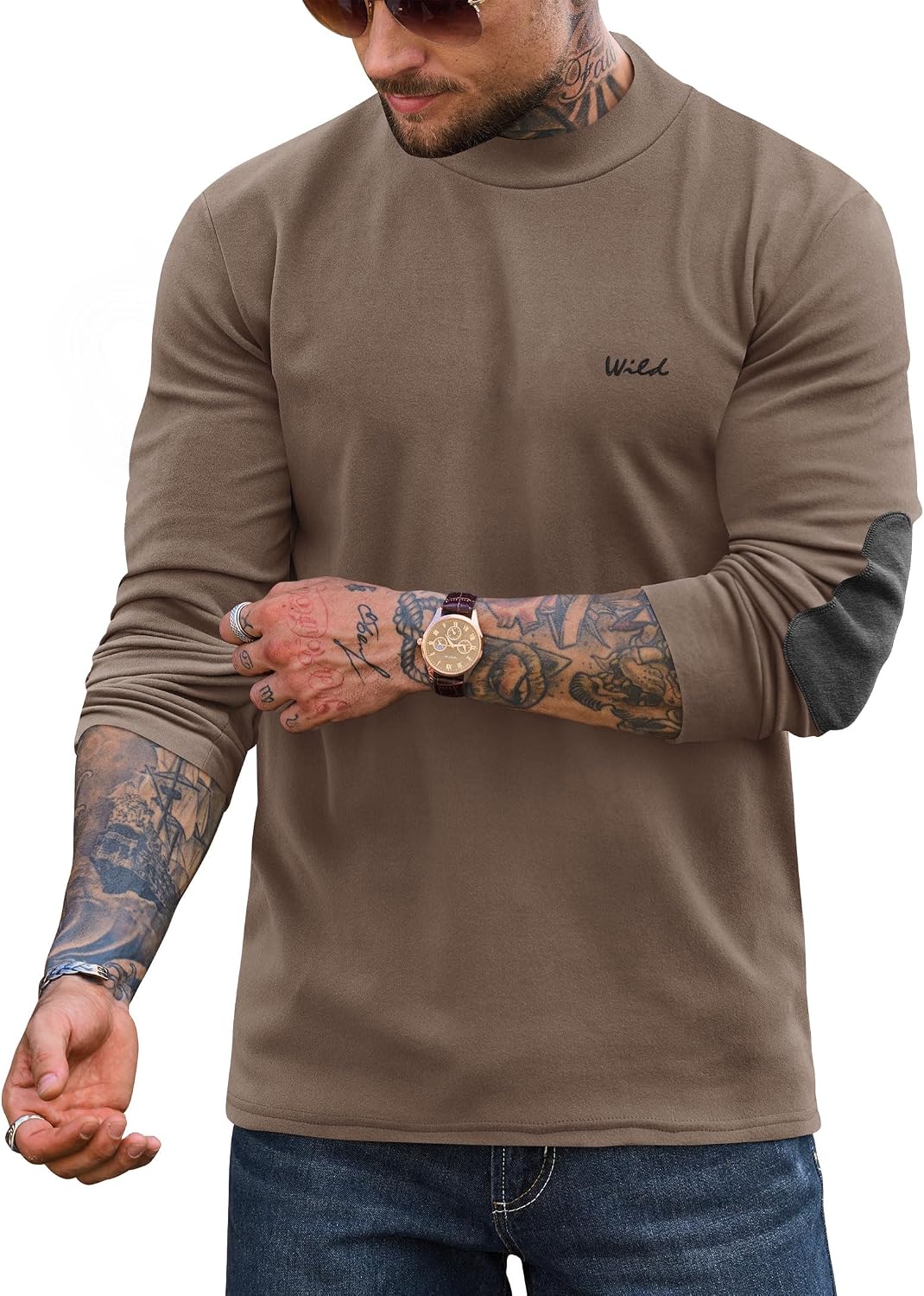Mens Mock Turtleneck Shirt Thermal Fleece Casual Long Sleeve Base Layer with Elbow Patches (S-XXL)
