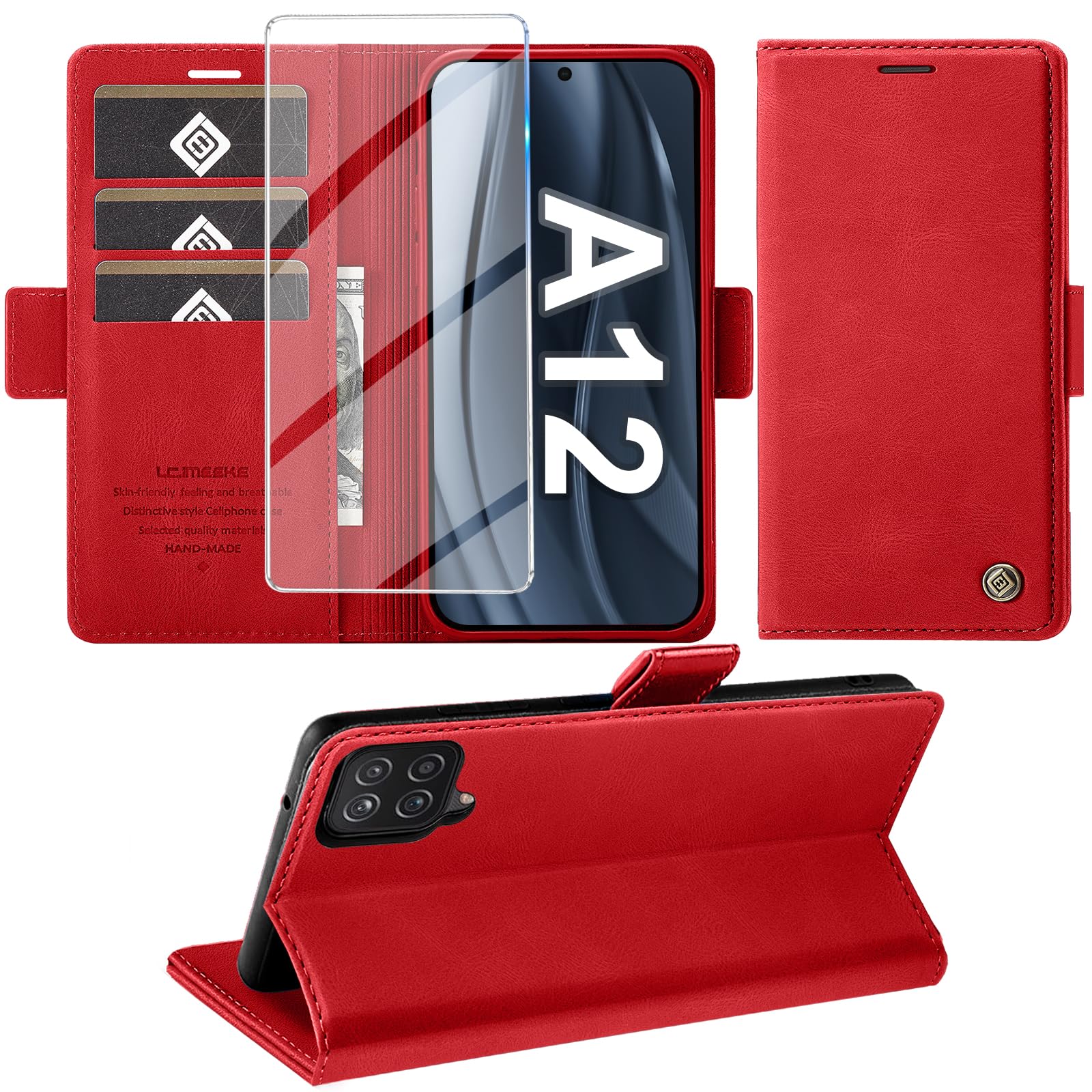 Giyer 2022-Upgrade Handyhülle für Samsung Galaxy A12 Hülle mit Schutzfolie, [Standfunktion] [Kartenfach Wallet] Premium Leder Schutzhülle Flip Case Stoßfeste Klapphülle A12/M12 Tasche (Rot)
