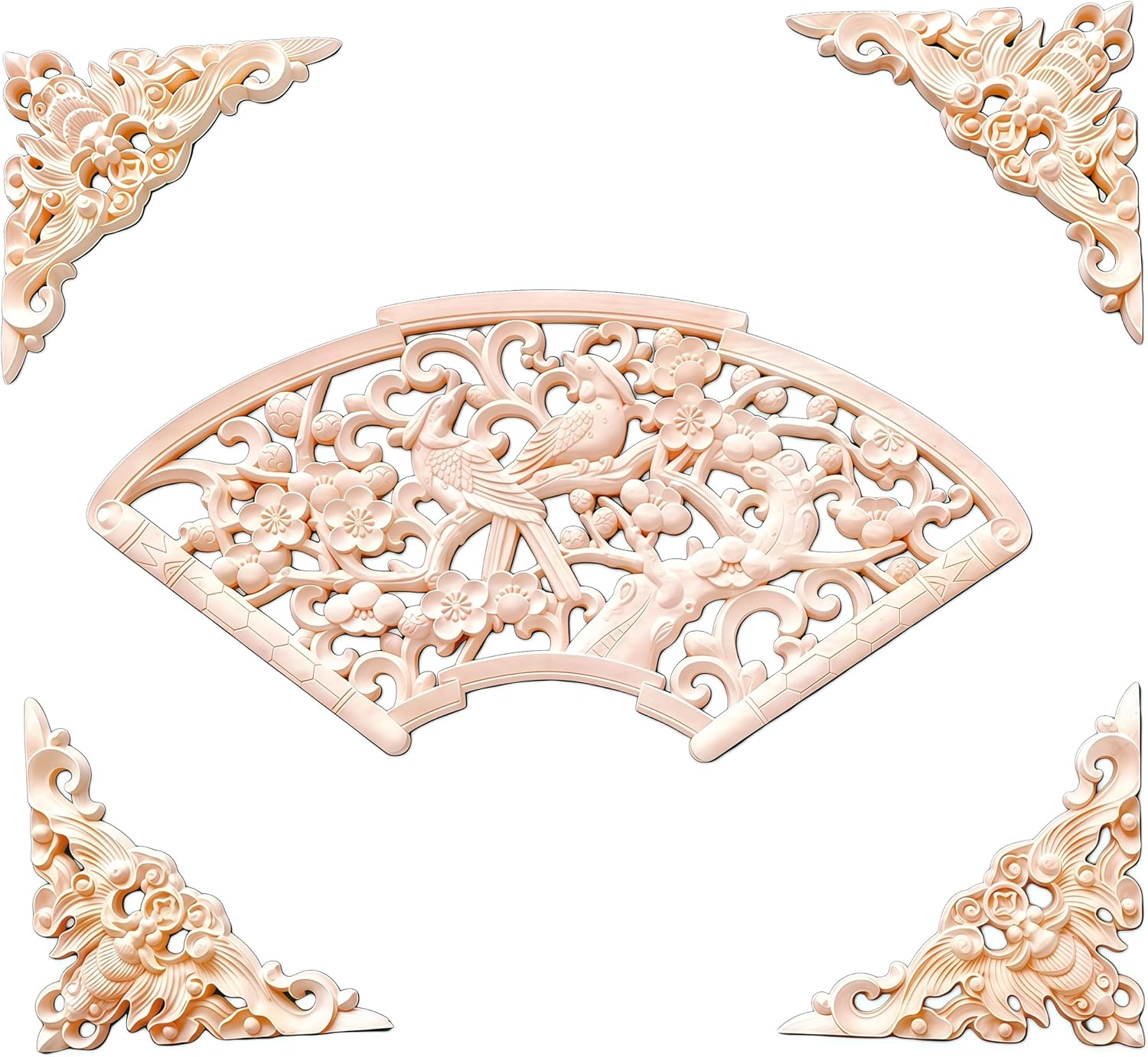 5PCS Wood Carved Onlay Applique Wood Appliques Onlays DIY Carved Furniture Appliques Onlays Unpainted Center Carving Decal for Bed Door Cabinet Mirror Fireplace Wardrobe Furniture Decoration,09