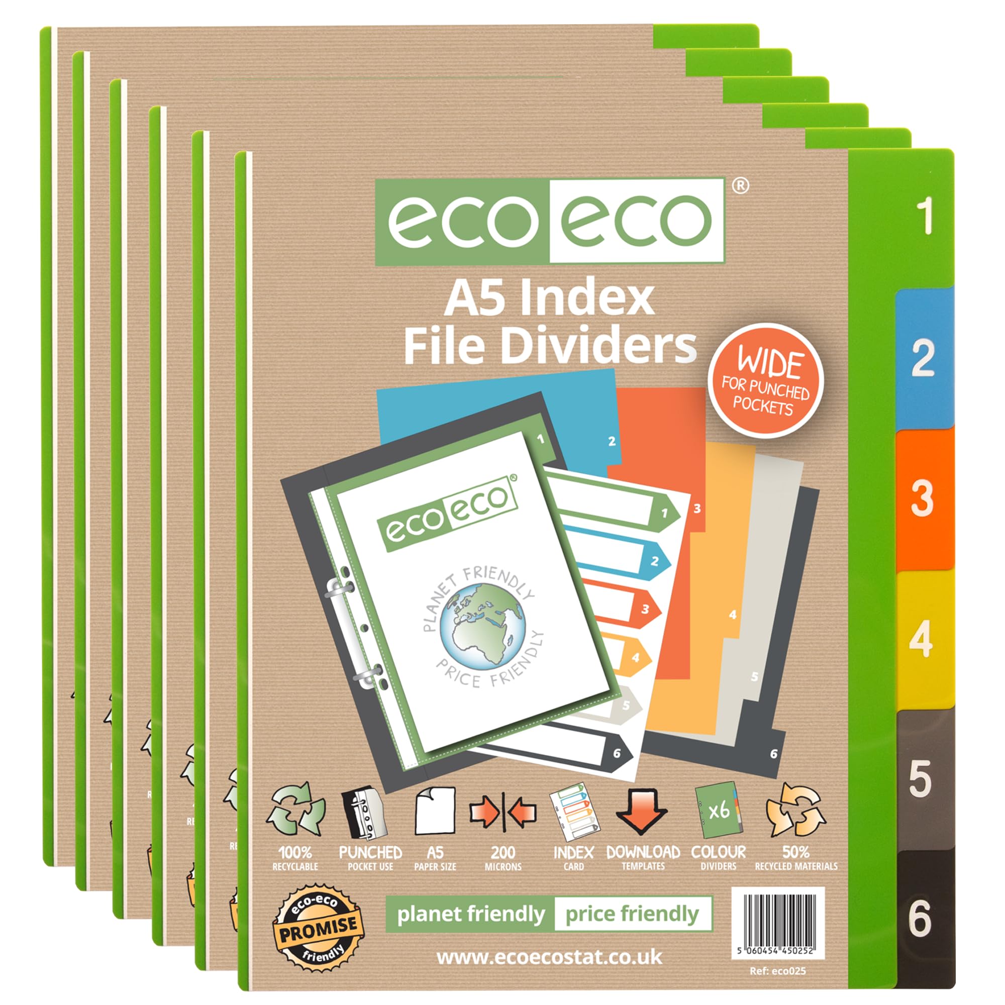 eco-eco A5 50% Recycled Set 6 Wide Multi-Punched Index File Dividers, Multicoloured Tabbed 1-6 Ring Binder Subject Dividers, Pack of 6, eco025x6