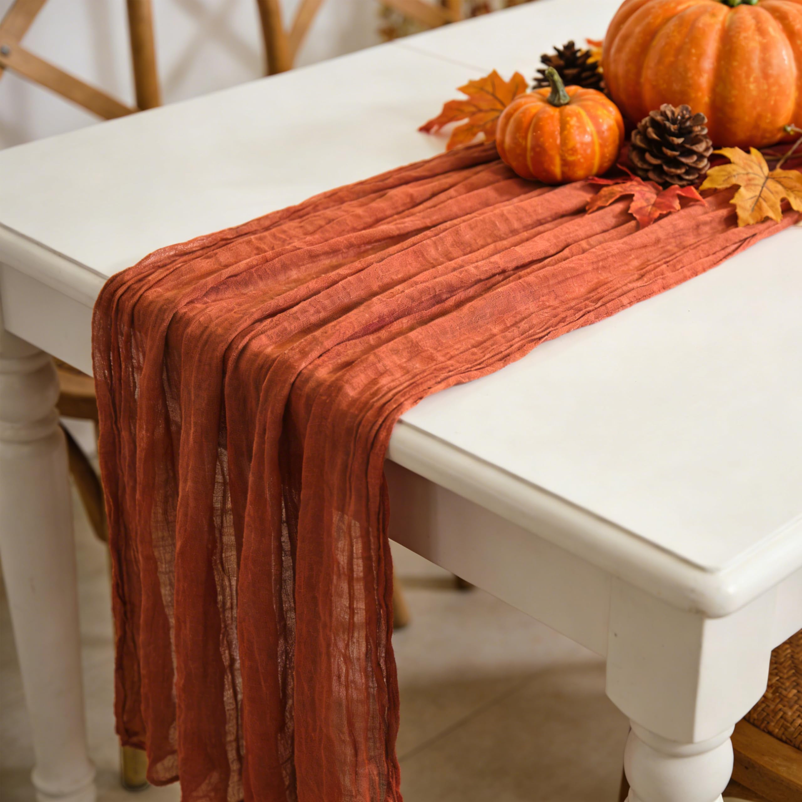 sxvblly Terracotta Cheesecloth Table Runner 90×300cm Boho Gauze Rustic Spring Easter Table Runner for Baby Shower Wedding Decorations Bridal Shower Birthday Party Tea Party Decorations(10Ft)