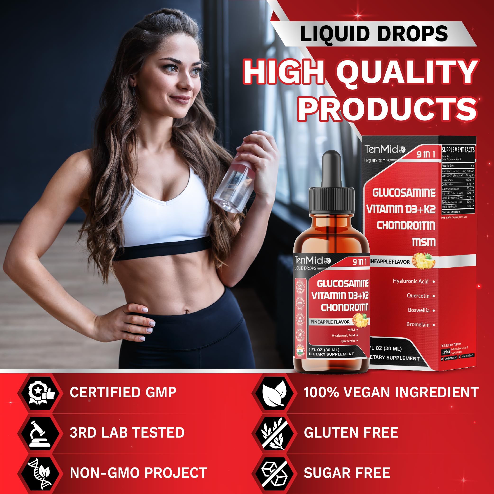 Glucosamine Chondroitin MSM Liquid Drops - 9in1 with Vitamin D3, Vitamin K2, Hyaluronic Acid, Quercetin, Boswellia, and Bromelain - Vegan, Non-GMO - 30ml 1 Fl Oz — Amazon image 8