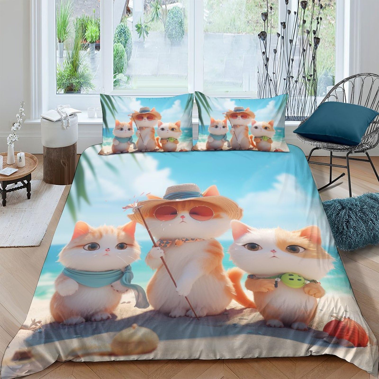 Ensemble de literie imprimé 3D plage 200x200 avec housse de couette en microfibre et taies