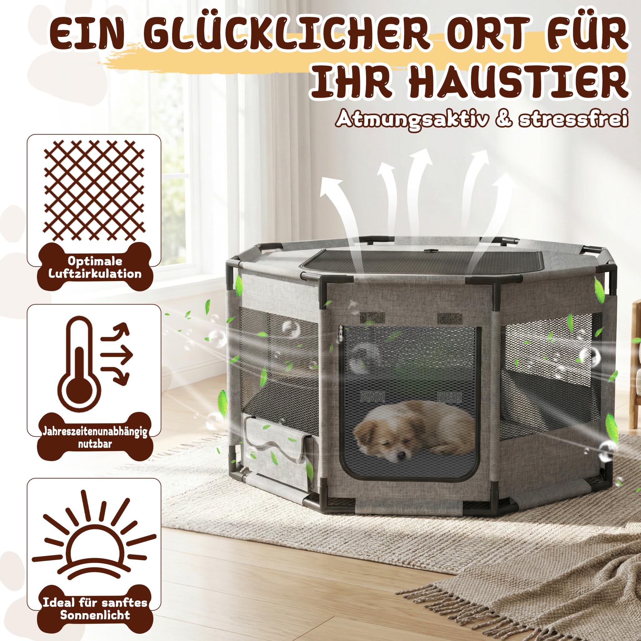 Froadp Jaula móvil para cachorros de tela Oxford 600D con marco de PVC, parque plegable para perros y gatos, con puerta con cremallera y apertura superior, gris, octogonal L