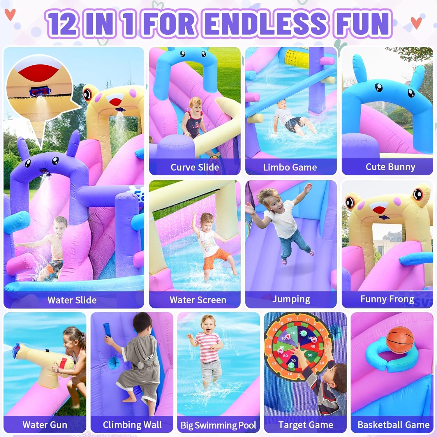 Inflatable Bounce House Water Slide Combo, Blow Up Water Slides for Backyard, Kids Jumper with Climbing Wall, Basketball Hoop, Splash Pool with Blower