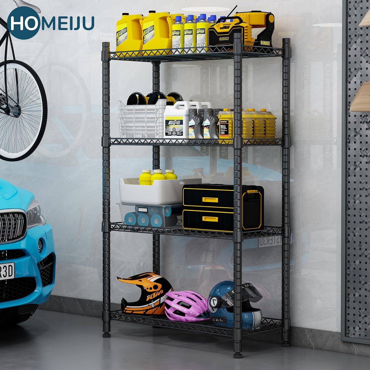 Homeiju 4-Tier shelving unit used in a garage to store tools and automotive supplies.