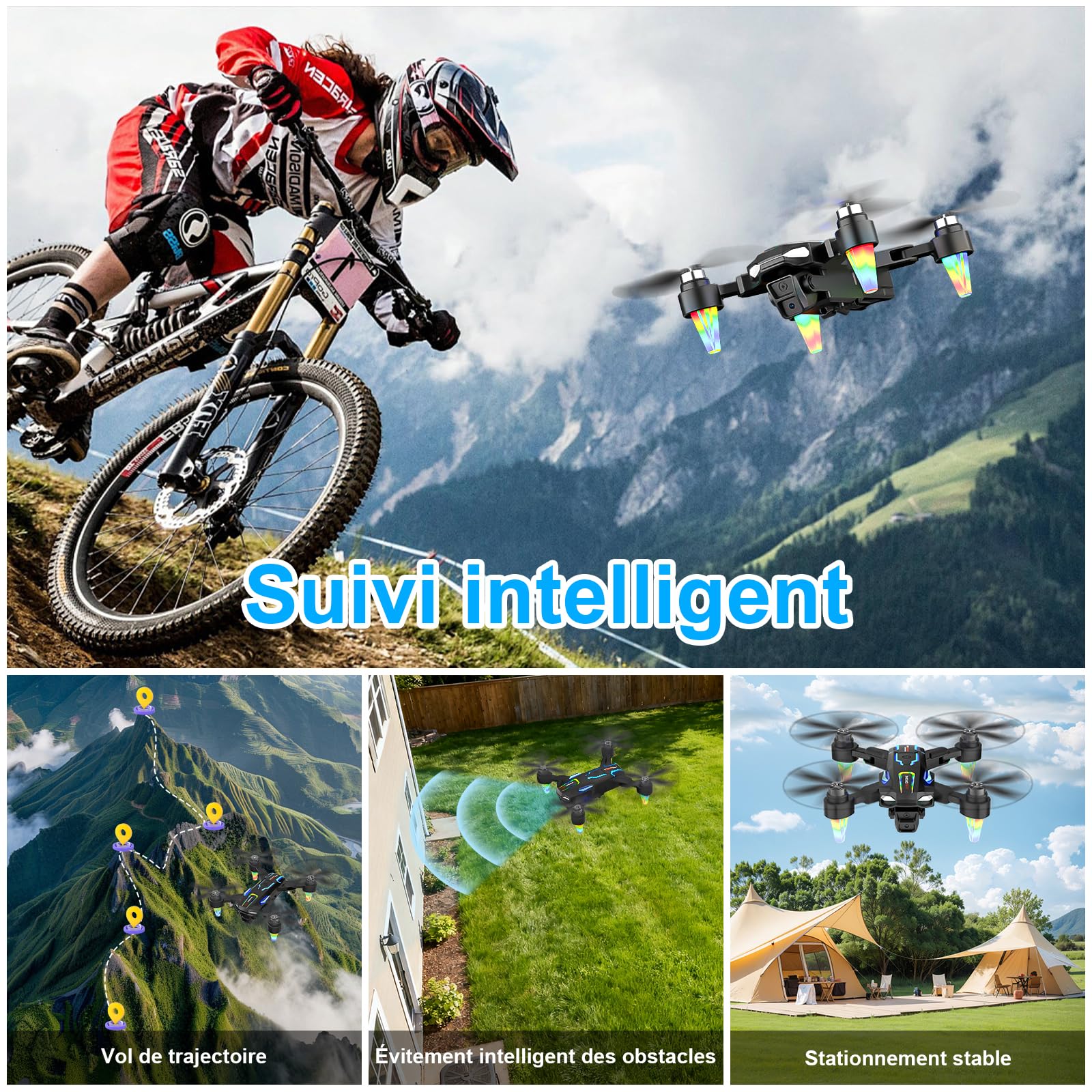 Drone avec 2 Caméra Réglage électrique Caméra, GuKKK 4K Mini Drone Caméra Pliable Active d'évitement d'obstacles, Drone Quadricoptère FPV WiFi Télécommandé, avec 2 Batteries, pour Débutants