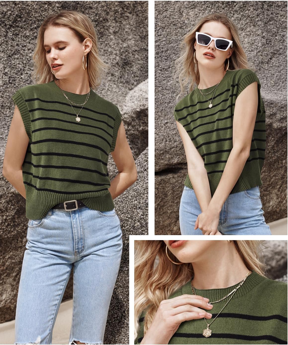 Arach&Cloz Womens Spring Summer 2024 Sweater Vest Cap Sleeve Crew Neck Striped Fashion Casual Sleeveless Tops Clothes - Image 5