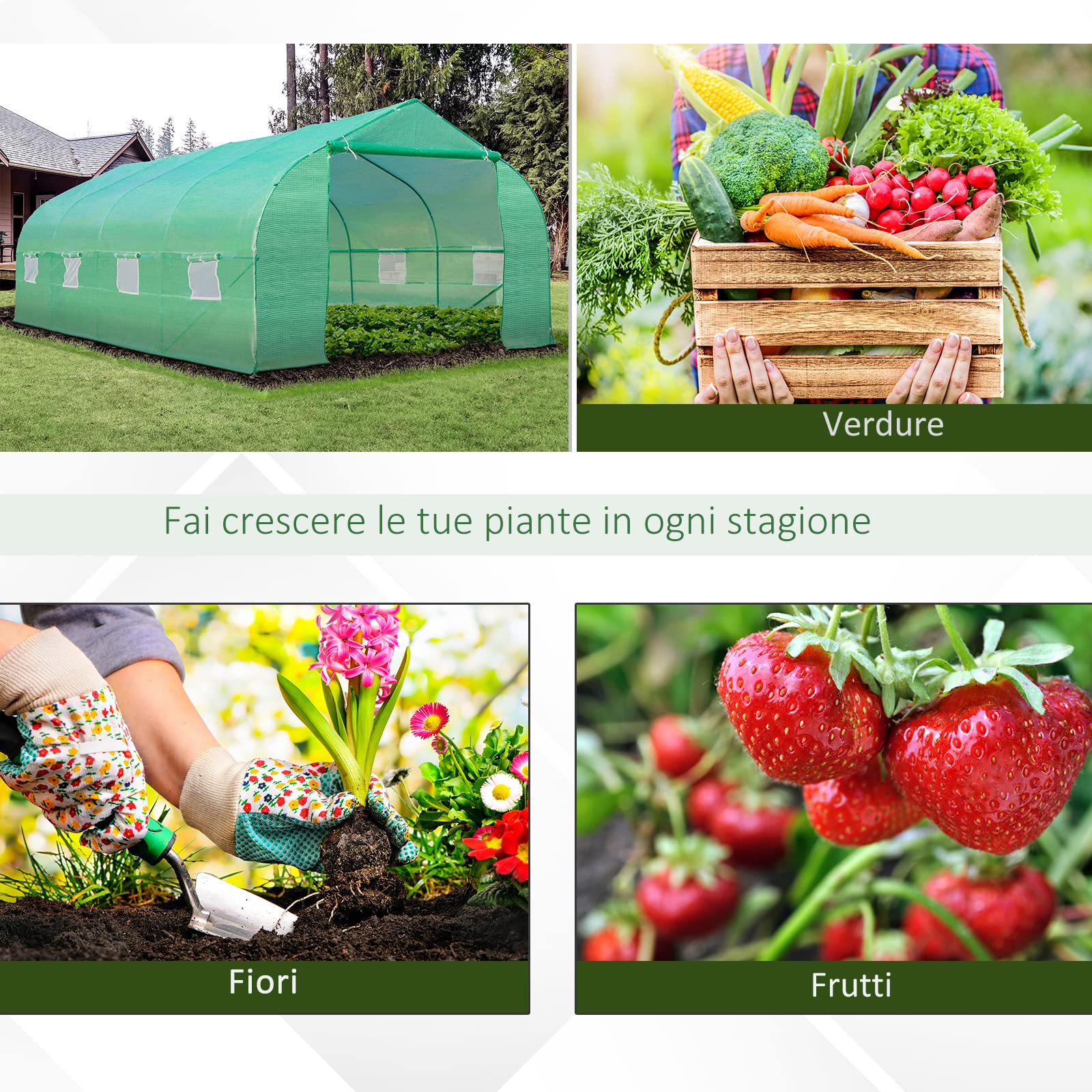 Outsunny Serra a Tunnel 6x3x2m con 8 Finestre e Porta Avvolgibile, Serra per Orto con 4 Picchetti e 4 Funi Incluse, in Acciaio e PP, Verde