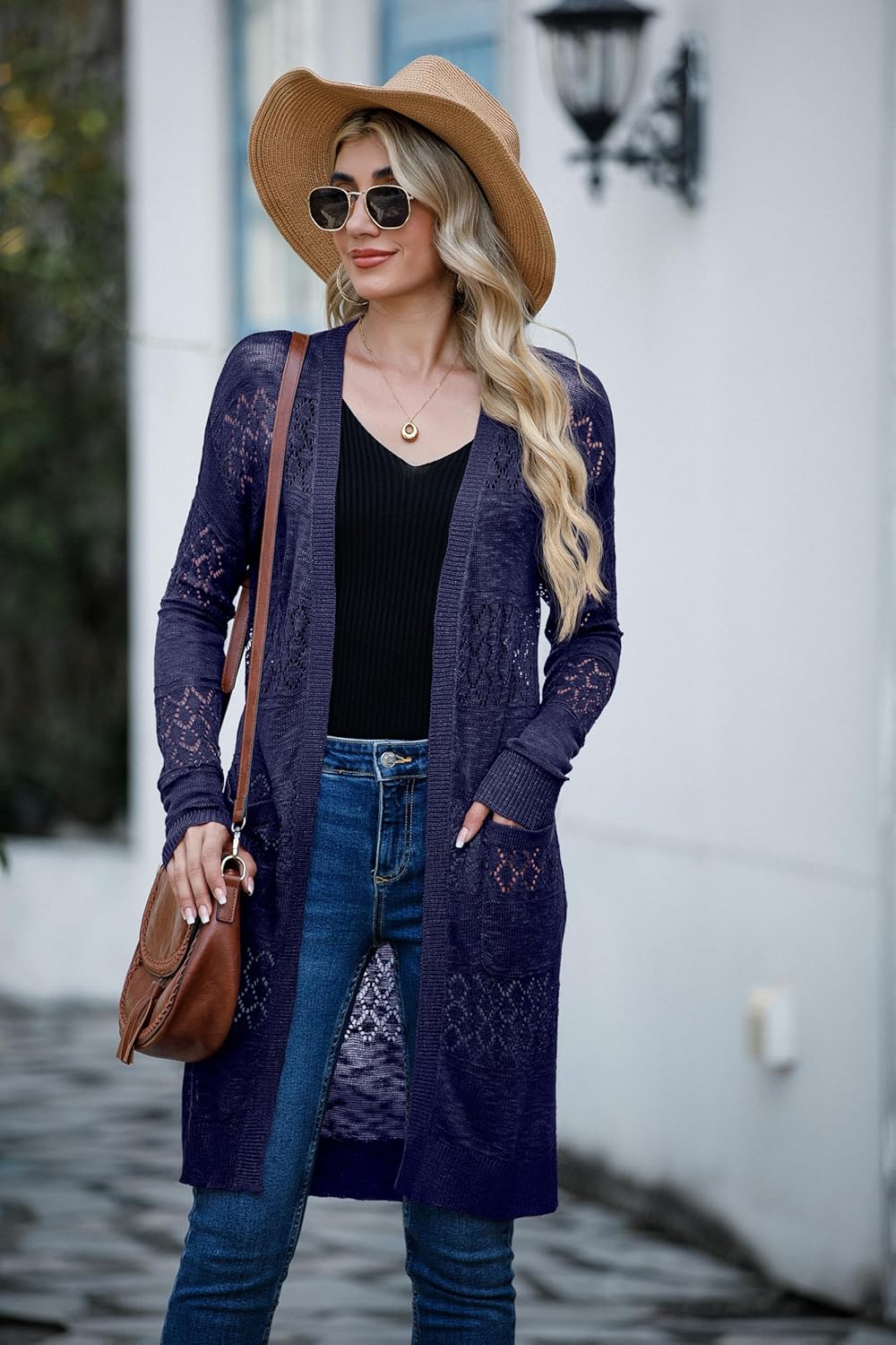 GRECERELLE Womens Lightweight Longer Length Cardigan Long Sleeve Casual Crochet Open-Front Sweater with Pockets - Image 4