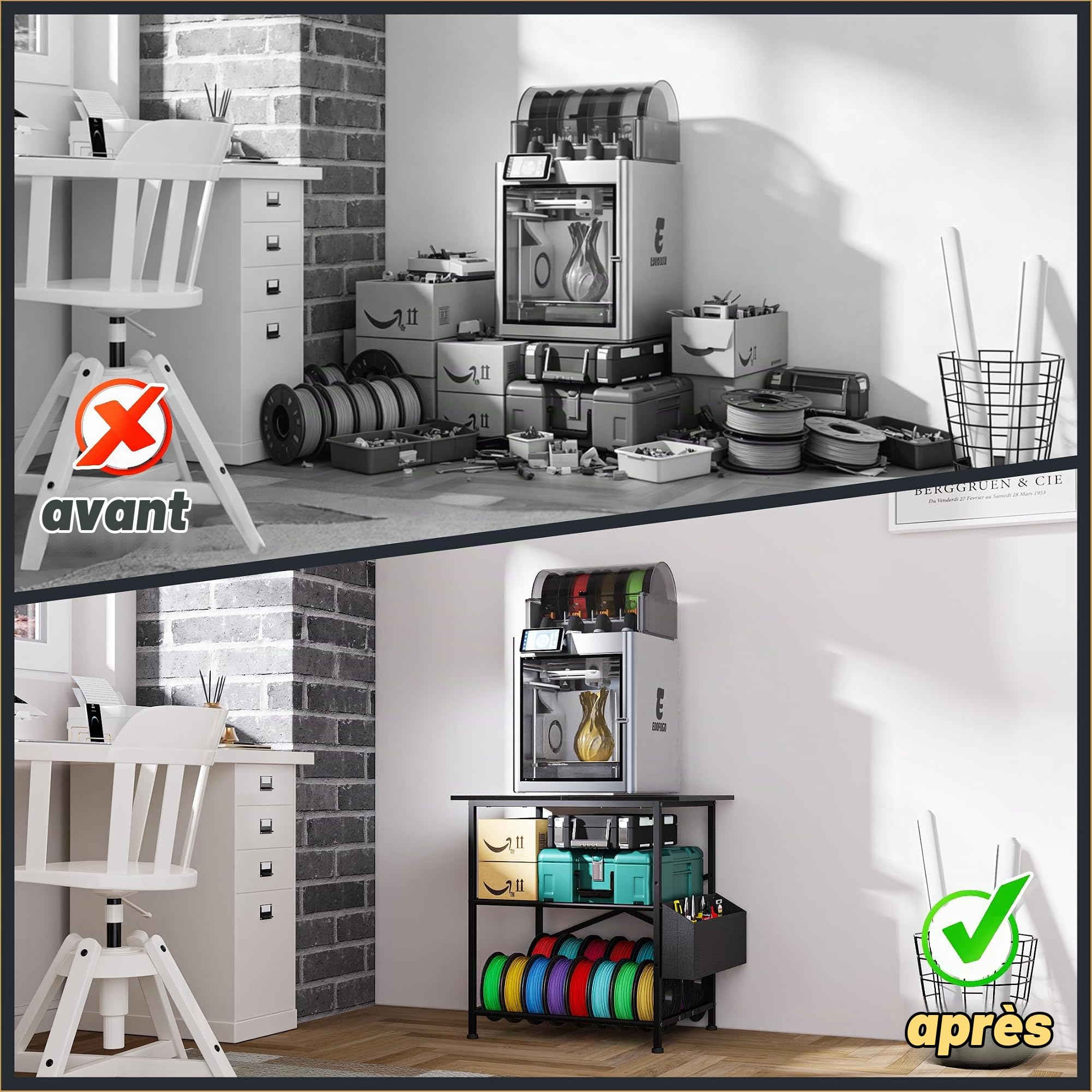 3 Niveaux Support Imprimante 3D, Meuble Imprimante avec bac de Rangement pour Fil et Poche Latérale, Support de Rangement pour Imprimante à Fixation Murale pour Bureau (Negro)
