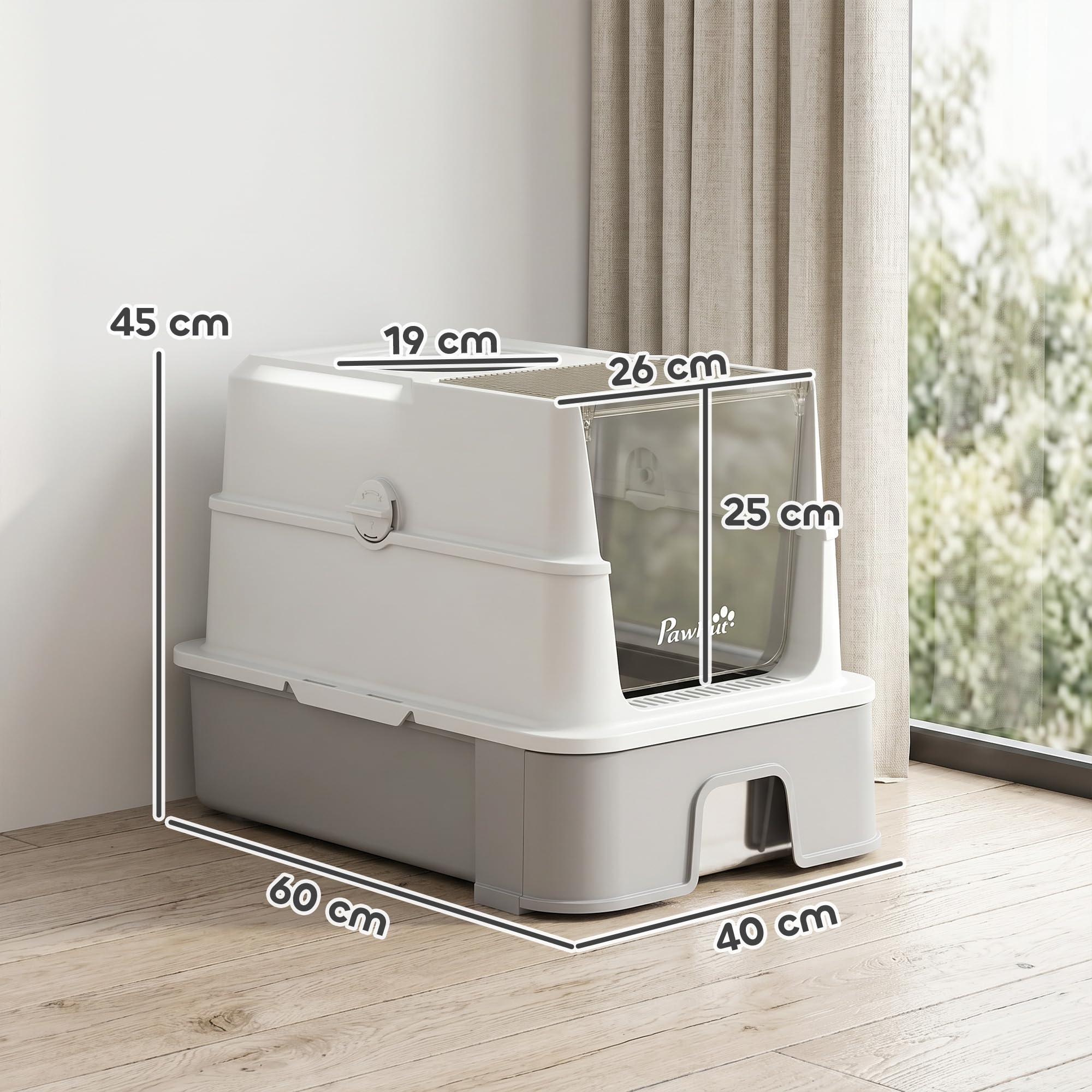 PawHut Lettiera chiusa con coperchio rimovibile, pala, grigio e bianco | Casa di Toilette per Gatto, Vassoio Scorrevole Profondo, 2 Filtri a Carbone Attivo, Pedale, Facile da Pulire