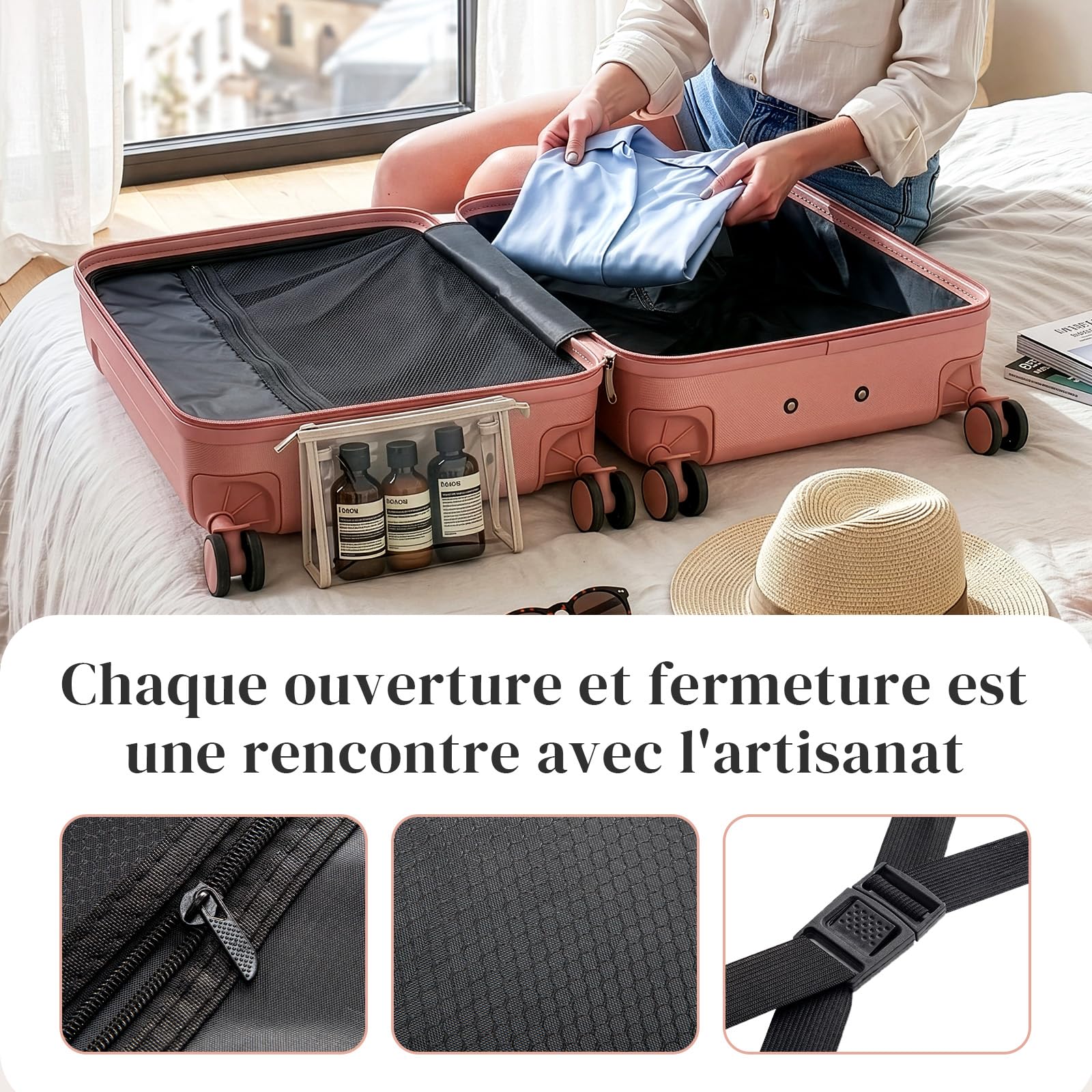 LEADZM Valise Cabine avec Vanity Case, Set de 2 Valises de Voyage avec Renforts d'angle, Set de Bagage pour Voyage en ABS (Or Rose)