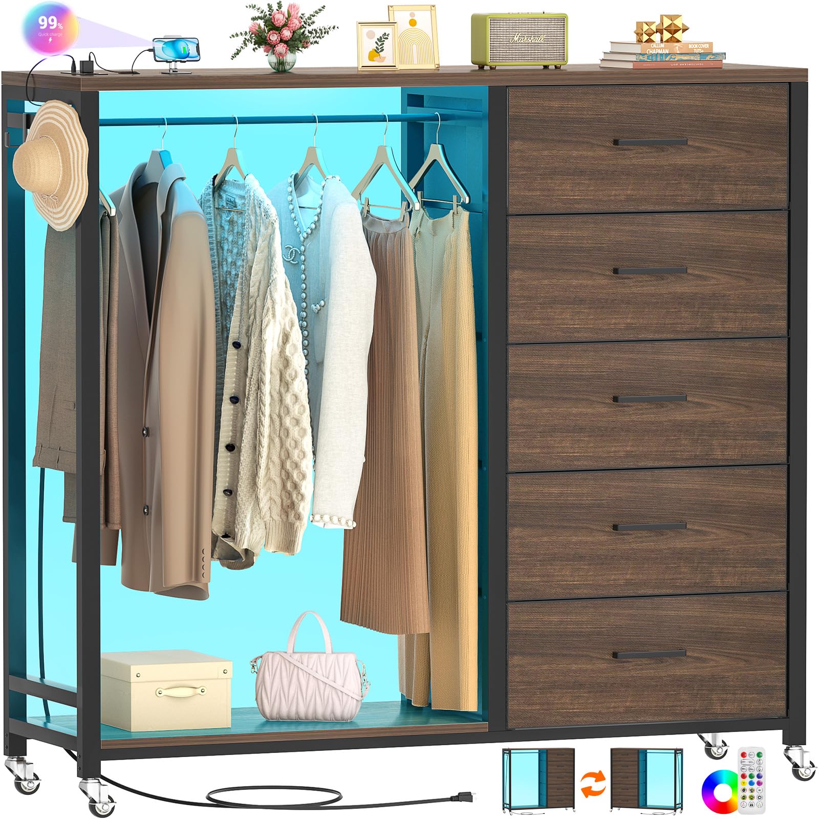 Cyclysio Dresser for Bedroom with Clothes Rack, 5 Drawers Dresser with Charging Station & LED Lights, Tall Storage Chest of Drawers with Wheels, Wooden Top, Bedroom, Closet, Red Oak