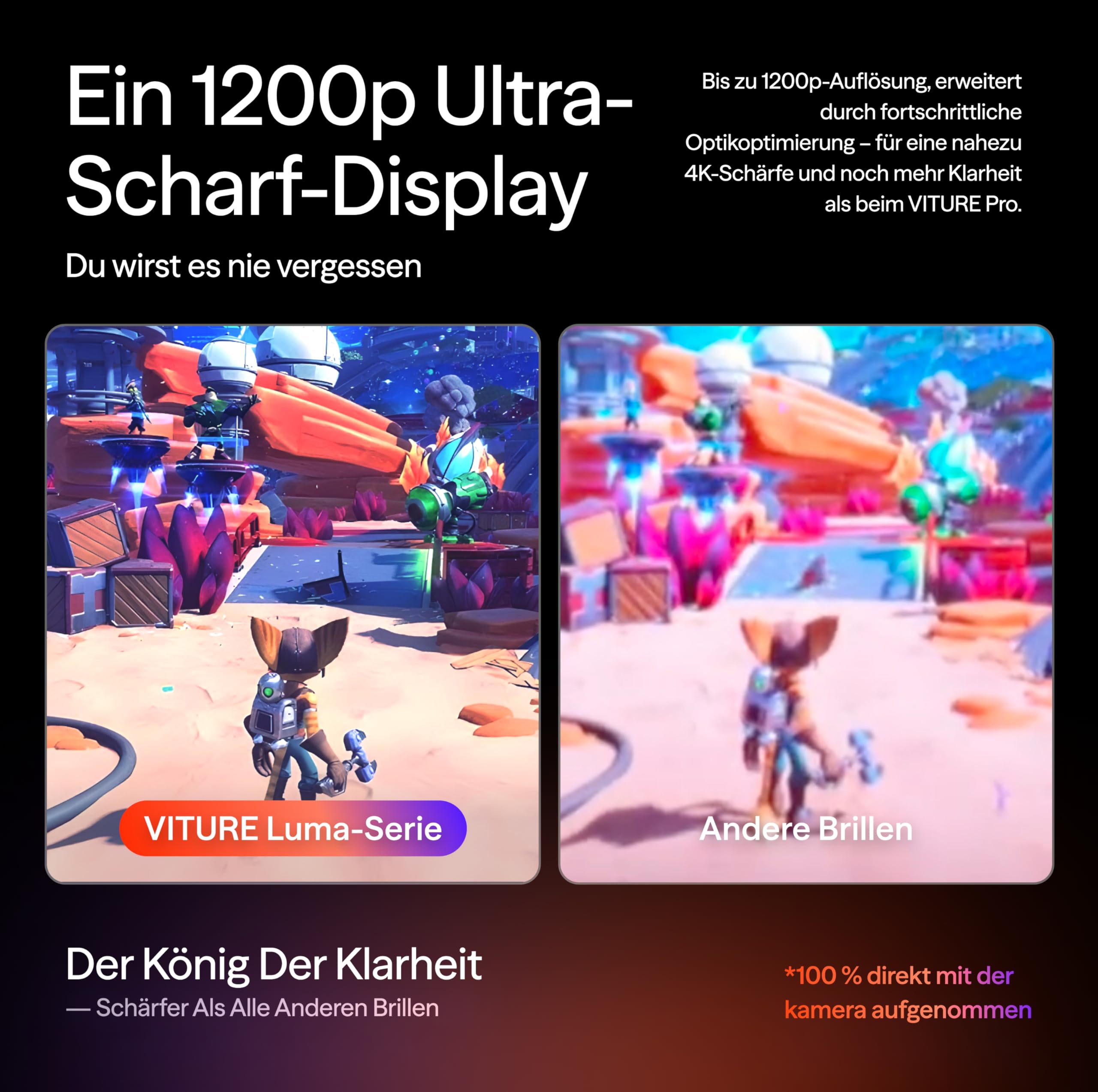 VITURE Luma Pro XR/AR Brille — 152” 1200p Ultra-Scharfes Display, 1000 Nits Helligkeit, 52° Sichtfeld, für iPhone 17/16/15, Android, Mac, PC, erstes XR-Erlebnis überhaupt für Switch 2-Standard
