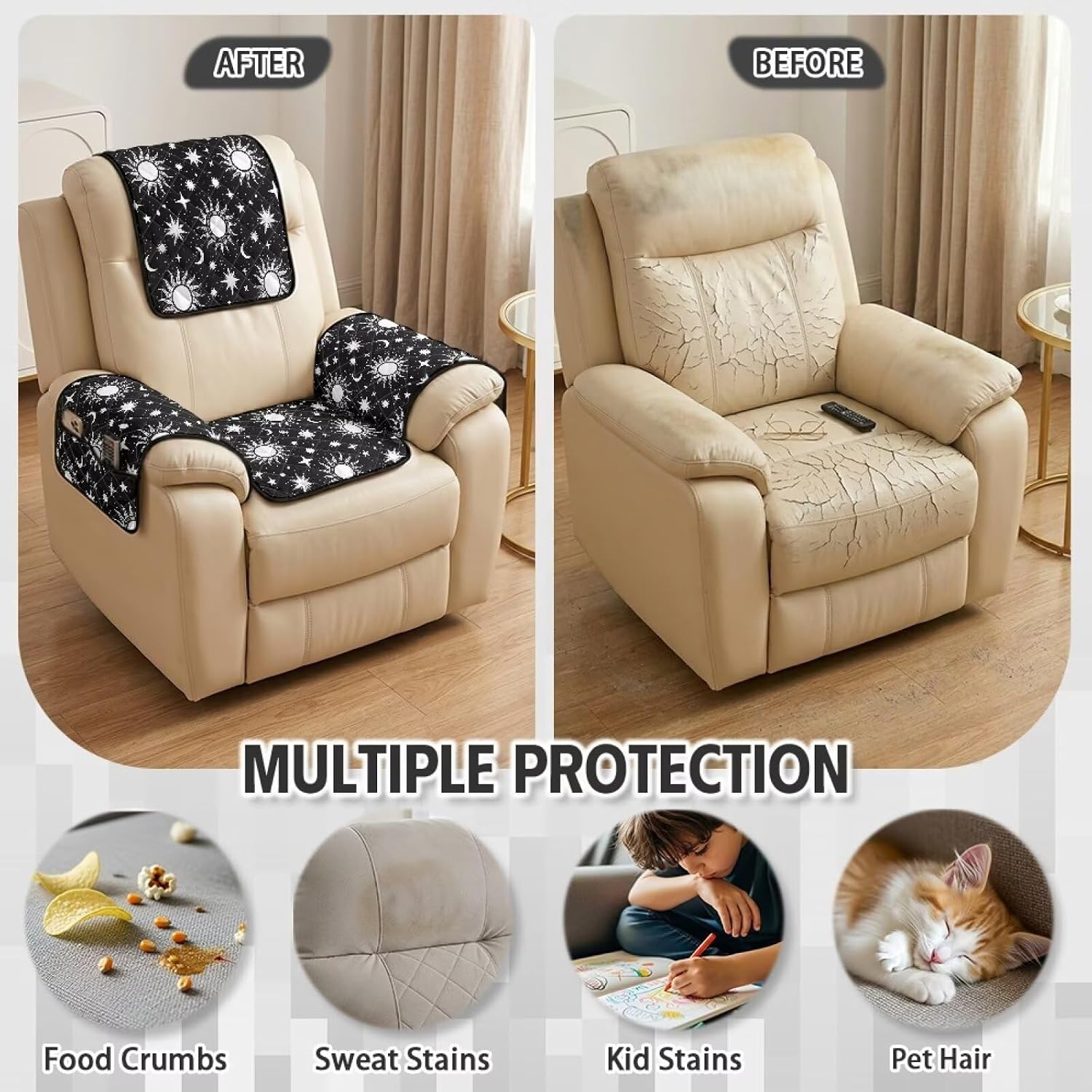 Sun Moon Star Pattern Recliner Chair Covers Anti-Slip Reclining Cover for Recliner Chair Washable 1 Seat Chair Covers for Reclining Chairs for Home Decor (4 Pcs)