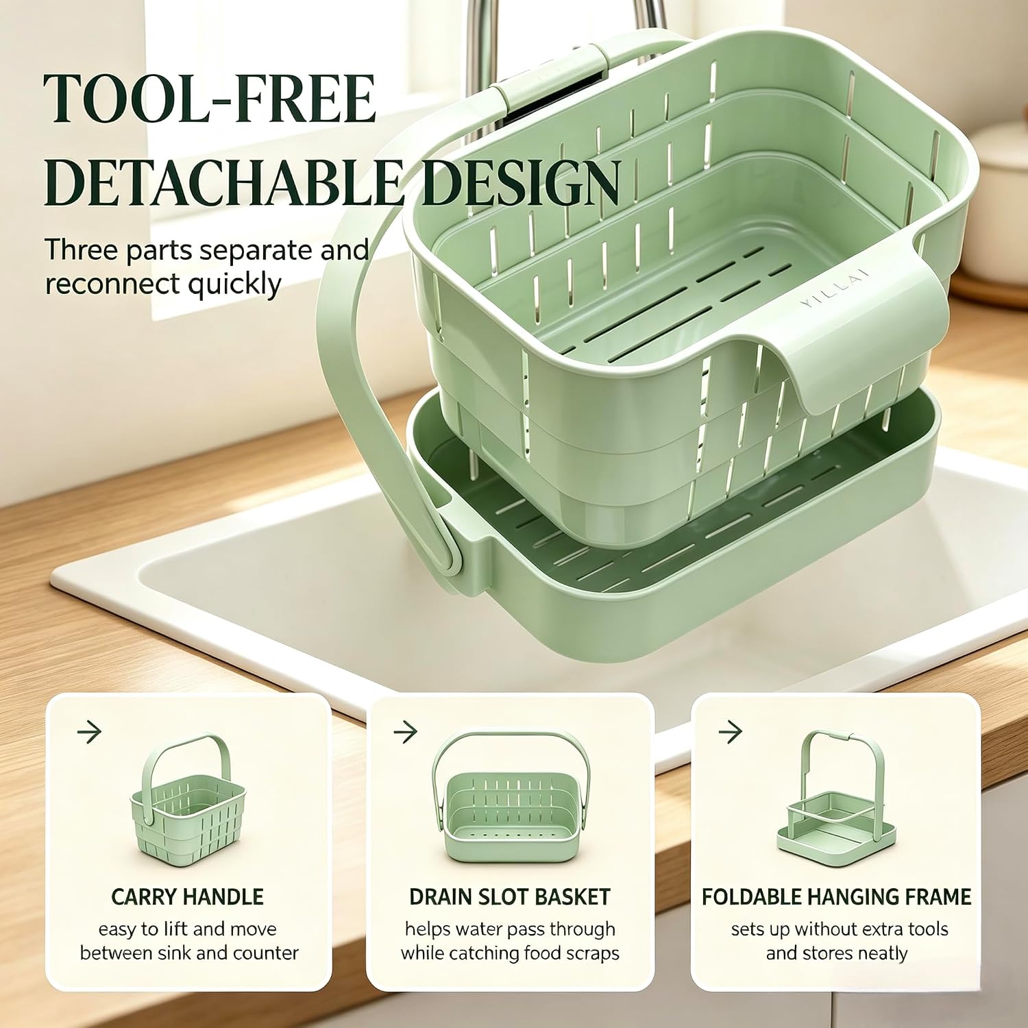 Foldable Hanging Sink Drain Basket for Kitchen,Over Sink Hanging Strainer Basket, Plastic Kitchen Filter for Food Waste, Fruit Vegetable Washing & Residue Catcher(White)