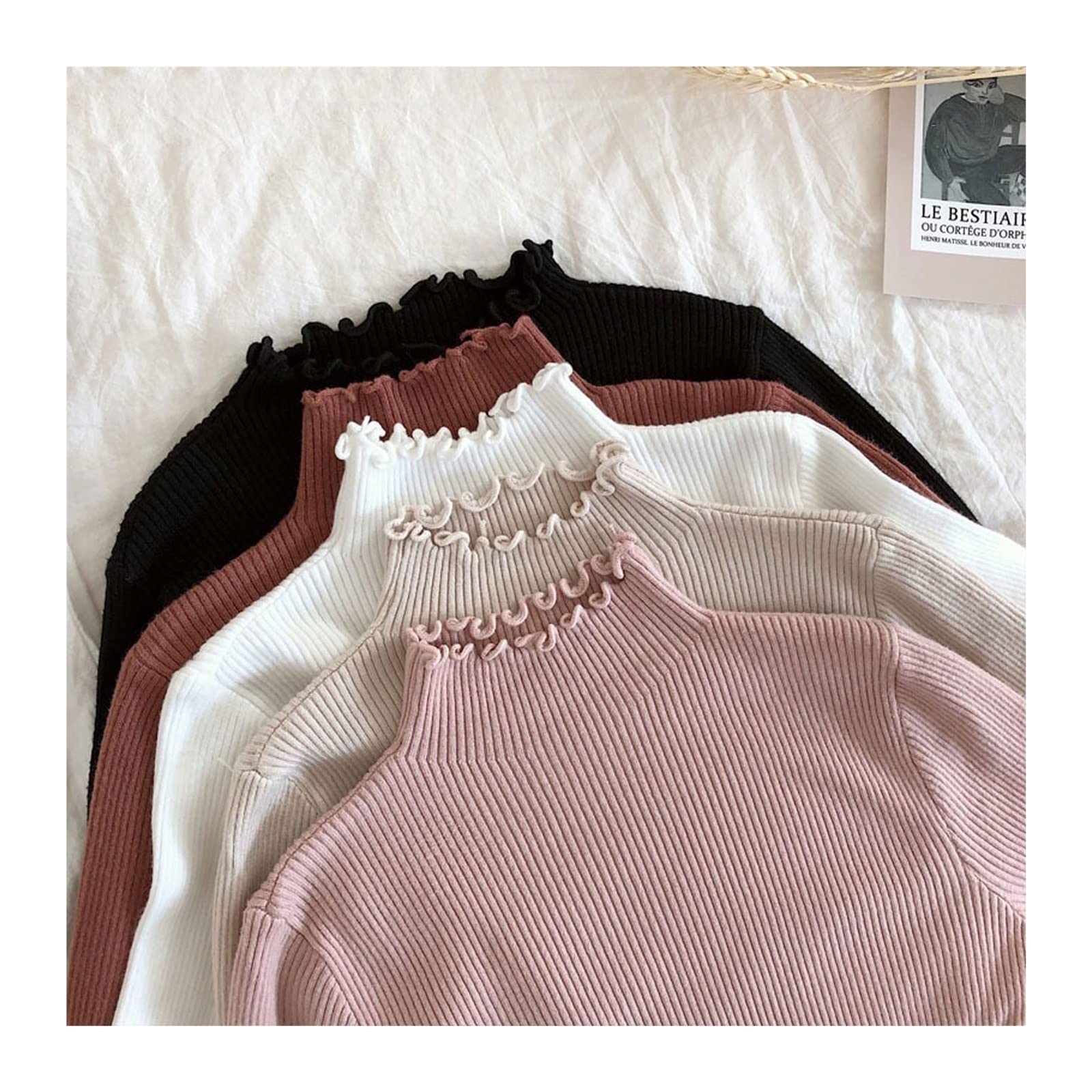 Damskie kardigany Fall Winter Ruffles Sweater Turtleneck Ruched Women Sweaters High Elastic Solid Female Slim Sexy Knitted Pullovers(Schwarz)