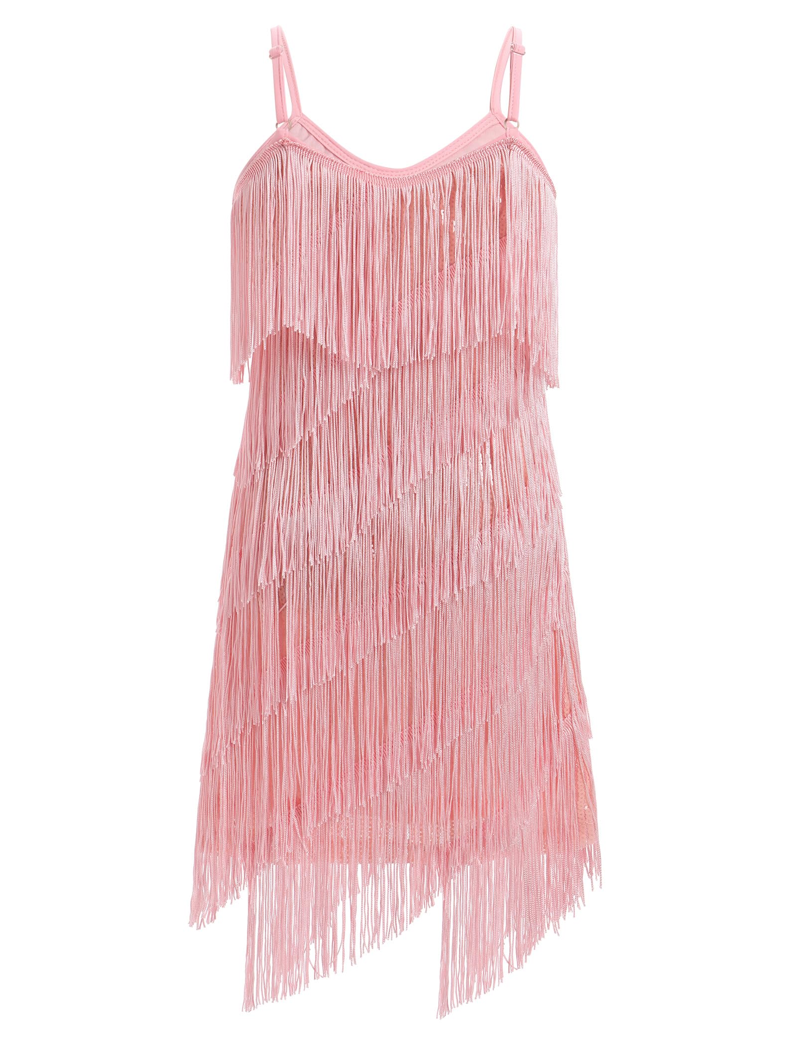 FYMNSI Vestido de baile latino para niñas, traje de baile de salón con cuello en V, lentejuelas brillantes con flecos, vestidos de baile