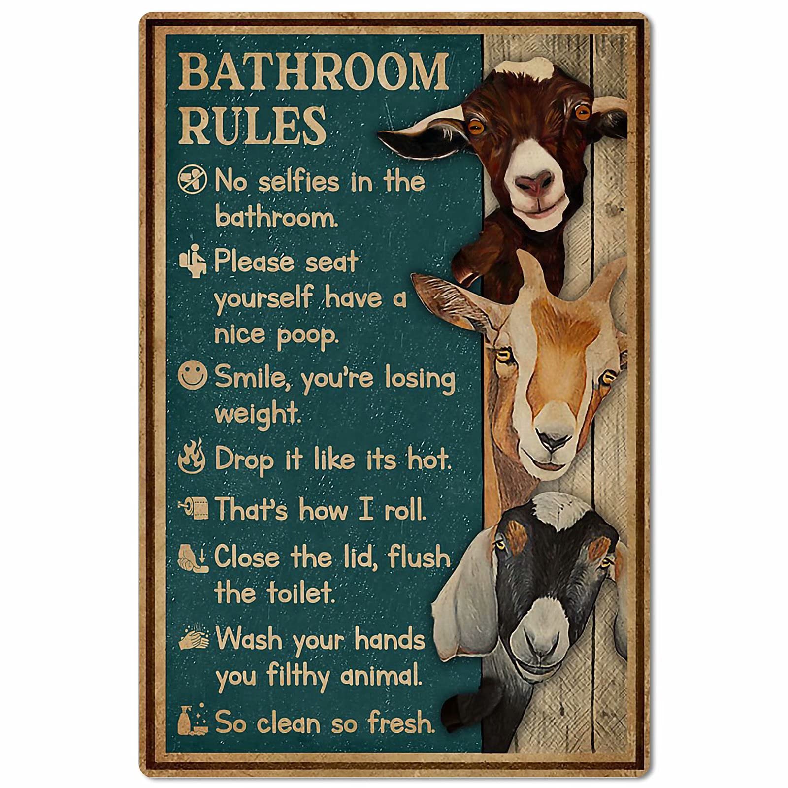 Lawenp Goat Bathroom Rules Metal Tin Sign,Retro Iron Painting for Farm Home Hotel Bar Cafe Outdoor Wall Decoration 12x16 Inch