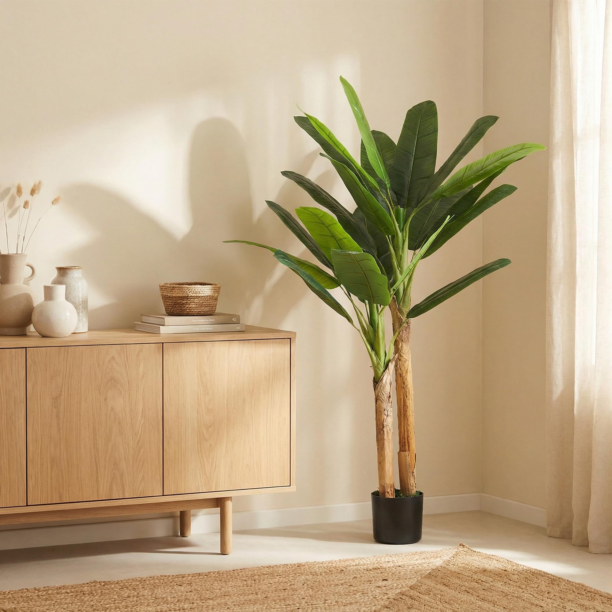 HOMCOM Árbol de Plátano Artificial 150 cm, Planta Artificial Decorativa con Maceta y 2 Troncos, para Decoración del Interior, Hogar, Oficina, Salón, Verde