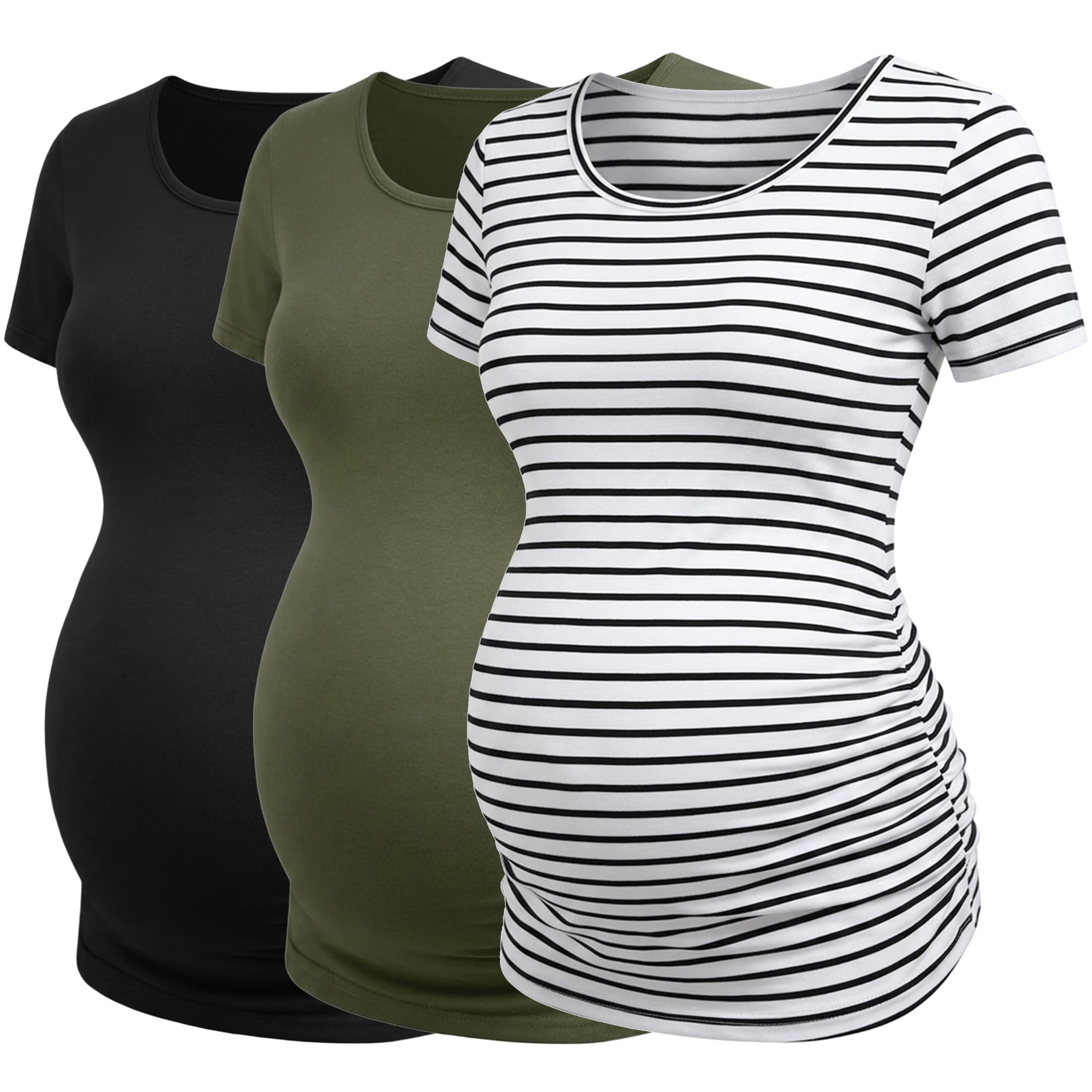 Lot de 3 t-shirts de maternité à manches courtes pour femme, Noir + vert olive + rayures noires et blanches, XL | Matériau confortable et doux pour la peau, fronces latérales, pour toute la grossesse, pour les loisirs et le quotidien