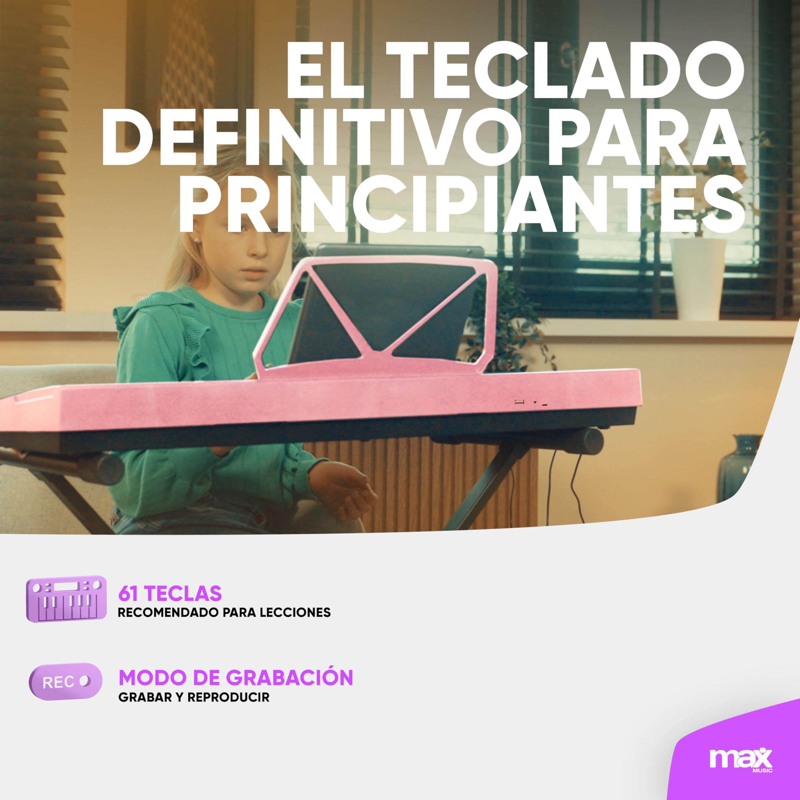 MAX KD61P – Piano infantil digital 61 teclas con soporte ajustable, batería recargable, micrófono, display LED, grabación, ritmos y acordes, ideal teclado musical para niños y principiantes