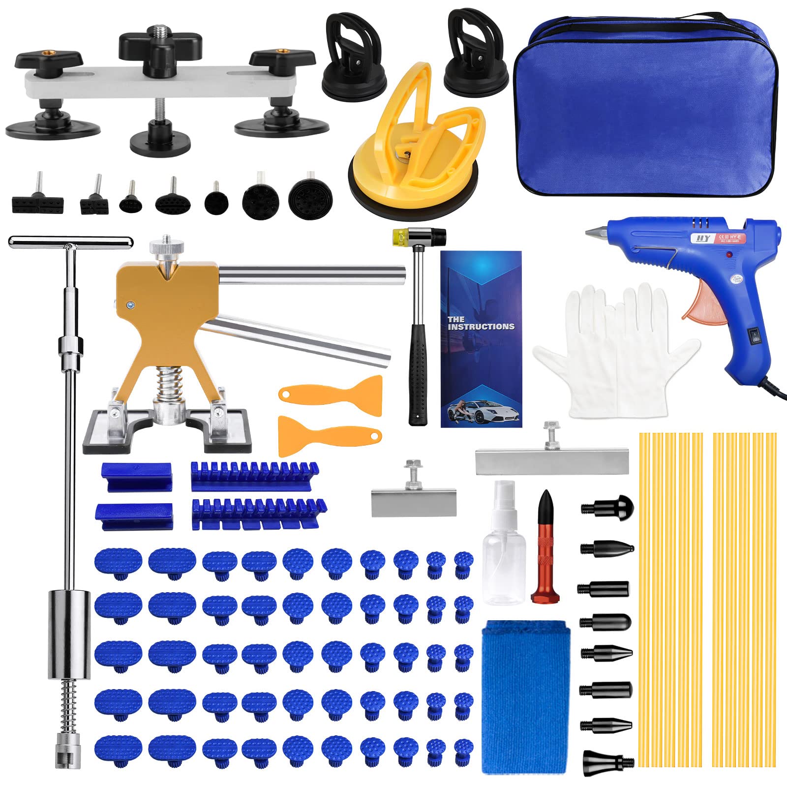 ZEUSFIRE 97PCS Dent Puller Kit, Paintless Dent Repair Kit with Golden Lifter, Slide Hammer T-bar Dent Puller, Bridge Puller, Suction Cup and Glue Gun for Car Dent Remove (97PCS)