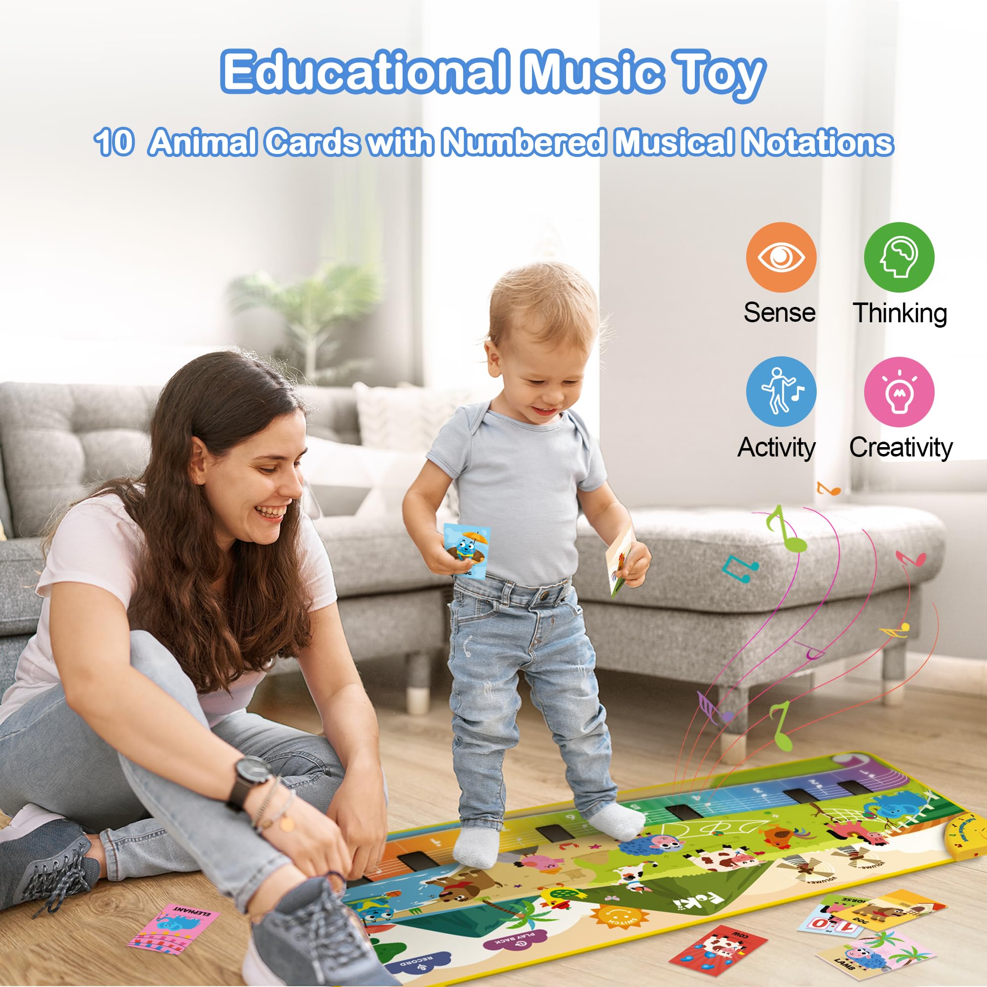FOKI Toddler Toys Floor Piano Mat with 61 Animal Music Sounds, Baby Kid Sensory Educational Dancing Musical Keyboard Carpet Toy, Record Playback, for 1 to 5 Years Old Boy and Girl