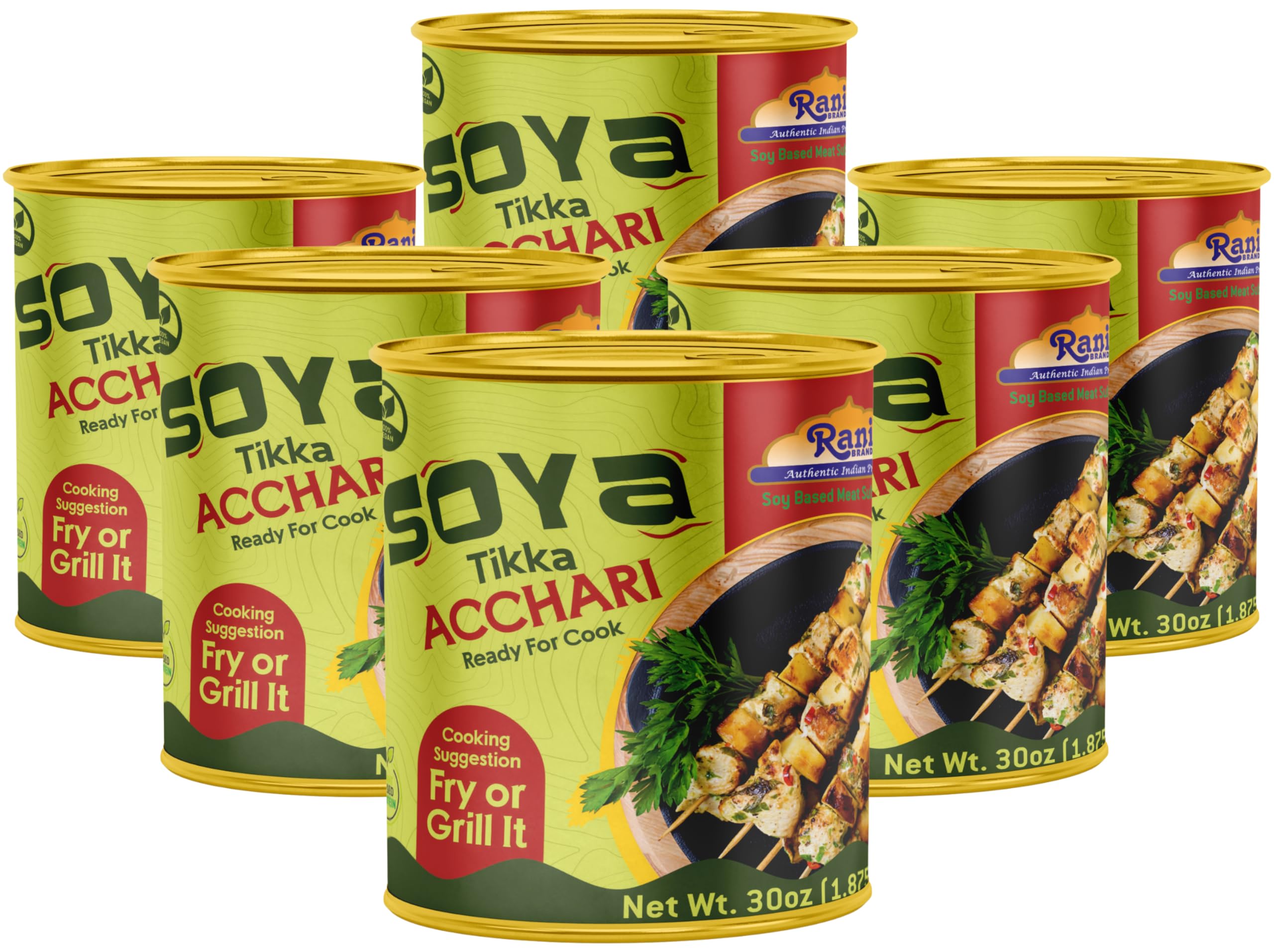 Rani Soya Tikka Achari 30oz (1.875lbs) 850g, Pack of 6, Ready for Cook ~ Easy Open Lid | All Natural | Vegan | No Colors | NON-GMO | Kosher | Indian Origin | Soy Based Meat Substitute
