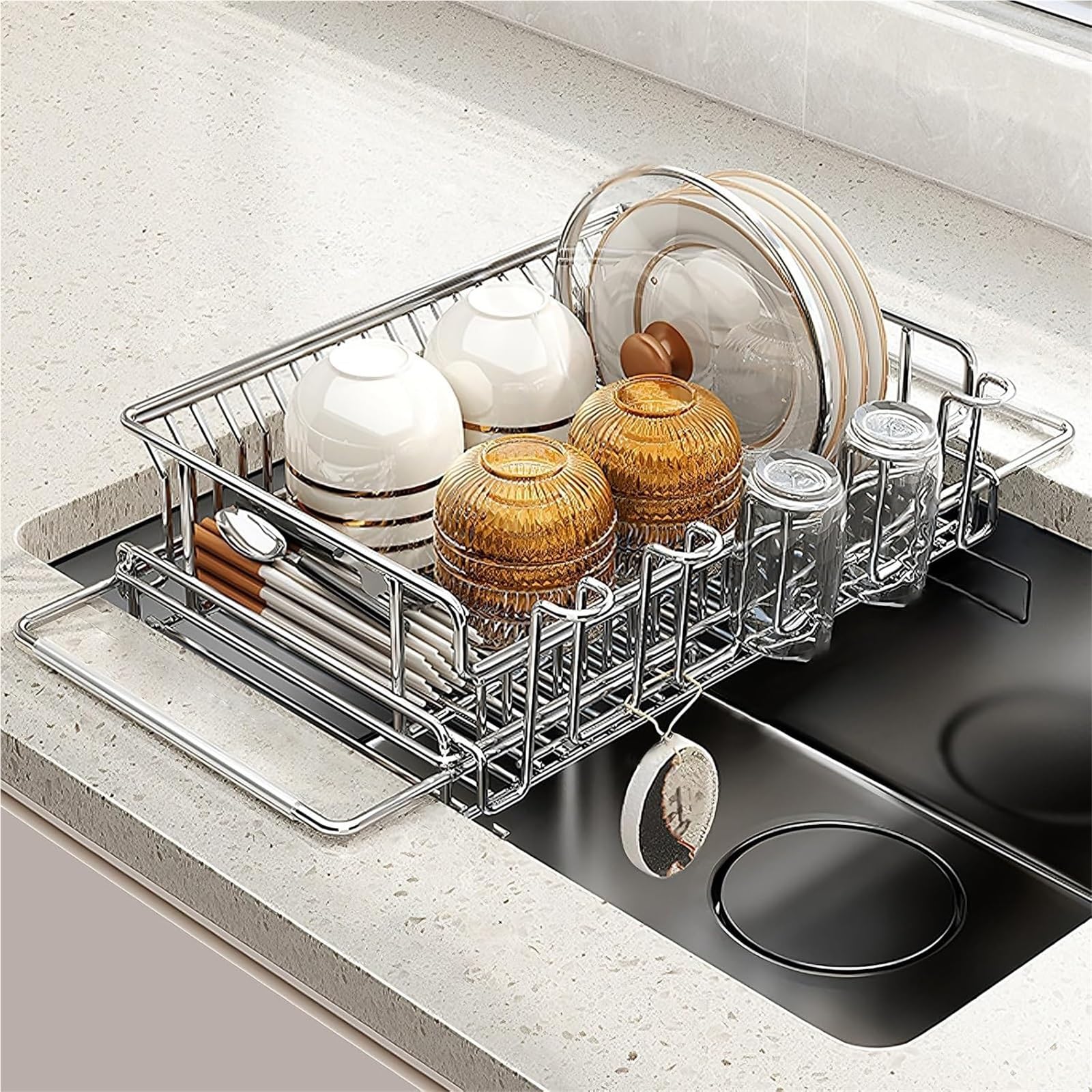 ARUNASC dish racks Over The Sink Dish Drying Rack Stainless Steel Extendable Kitchen Sink Organizer with Drain and Handle ﻿ drainer(S)