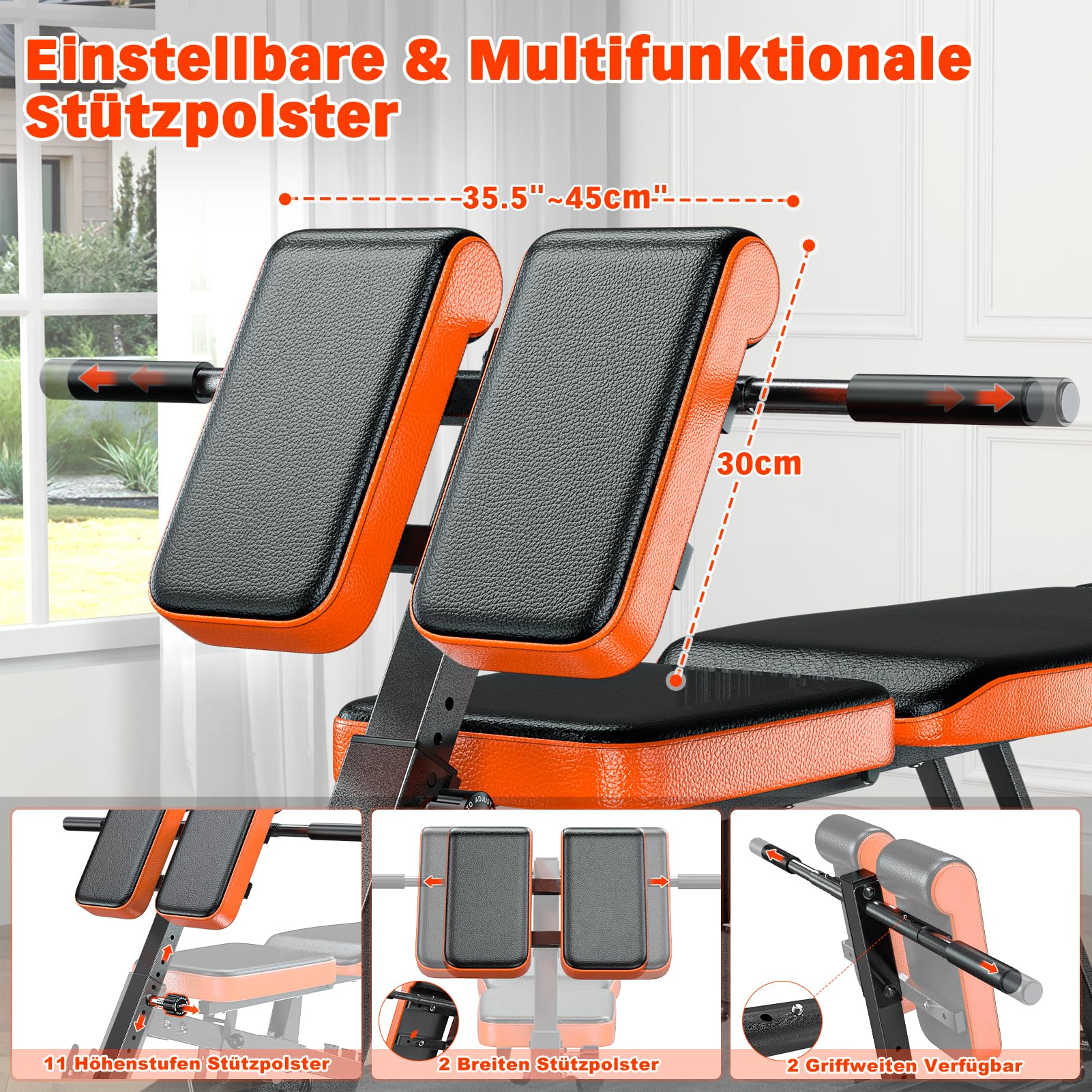 XDDIAS Hantelbank Verstellbar 4 in 1 Schrägbank, übergroße rückenstrecker Gerät, sit up bank mit Stützpolster, 8-Fach rückentrainer trainingsbank für flach, Neigung nach unten und oben, bis 450kg