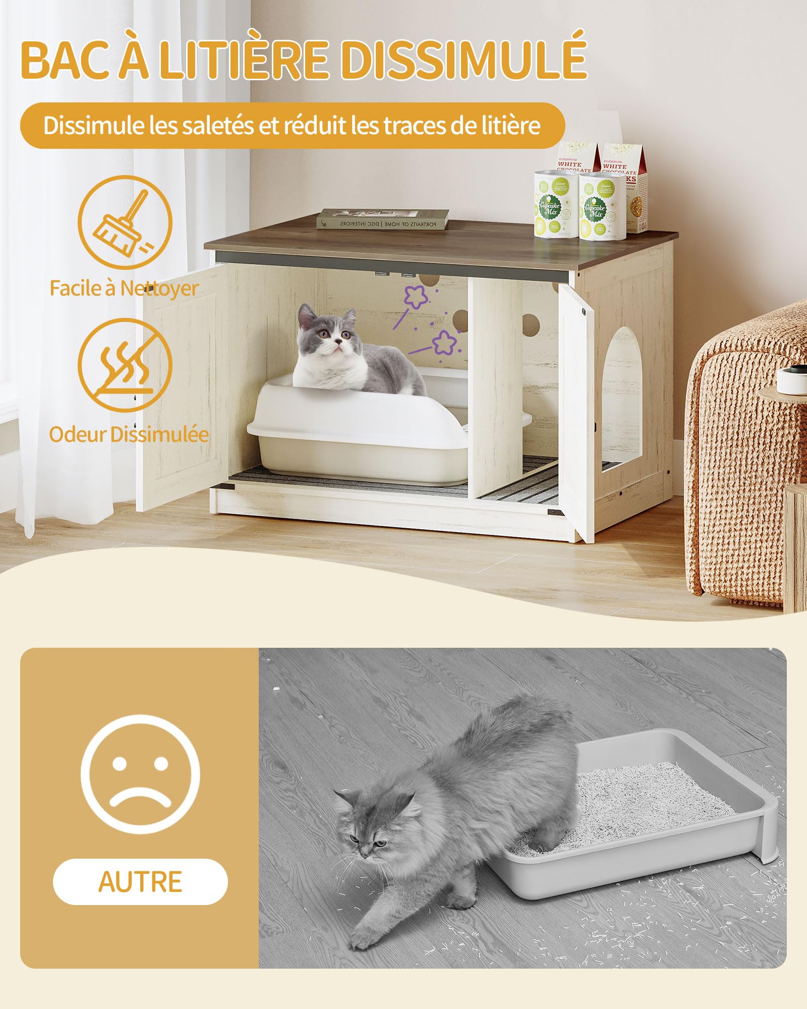 Hzuaneri Maison de Toilette Chat, Meuble Litiere Chat, Meuble à Litière avec Cloison Amovible, Maison pour Chats, Entrée Réversible à Gauche ou à Droite, 80 x 50 x 54 cm, Marron et Blanc CB86614X