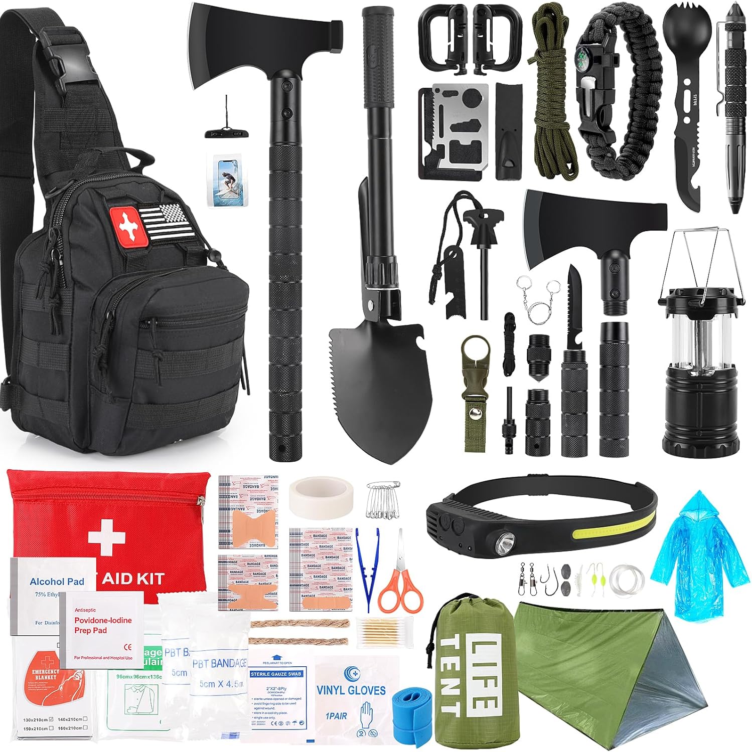 Survival Equipment, 268 Pcs Emergency Survival Gear and Tools Provides with First Help Equipment, Tenting Axe, Headlamp, Crossbody Bag for Tenting Mountain climbing, Looking, Present for Christmas Males, Dads, Black