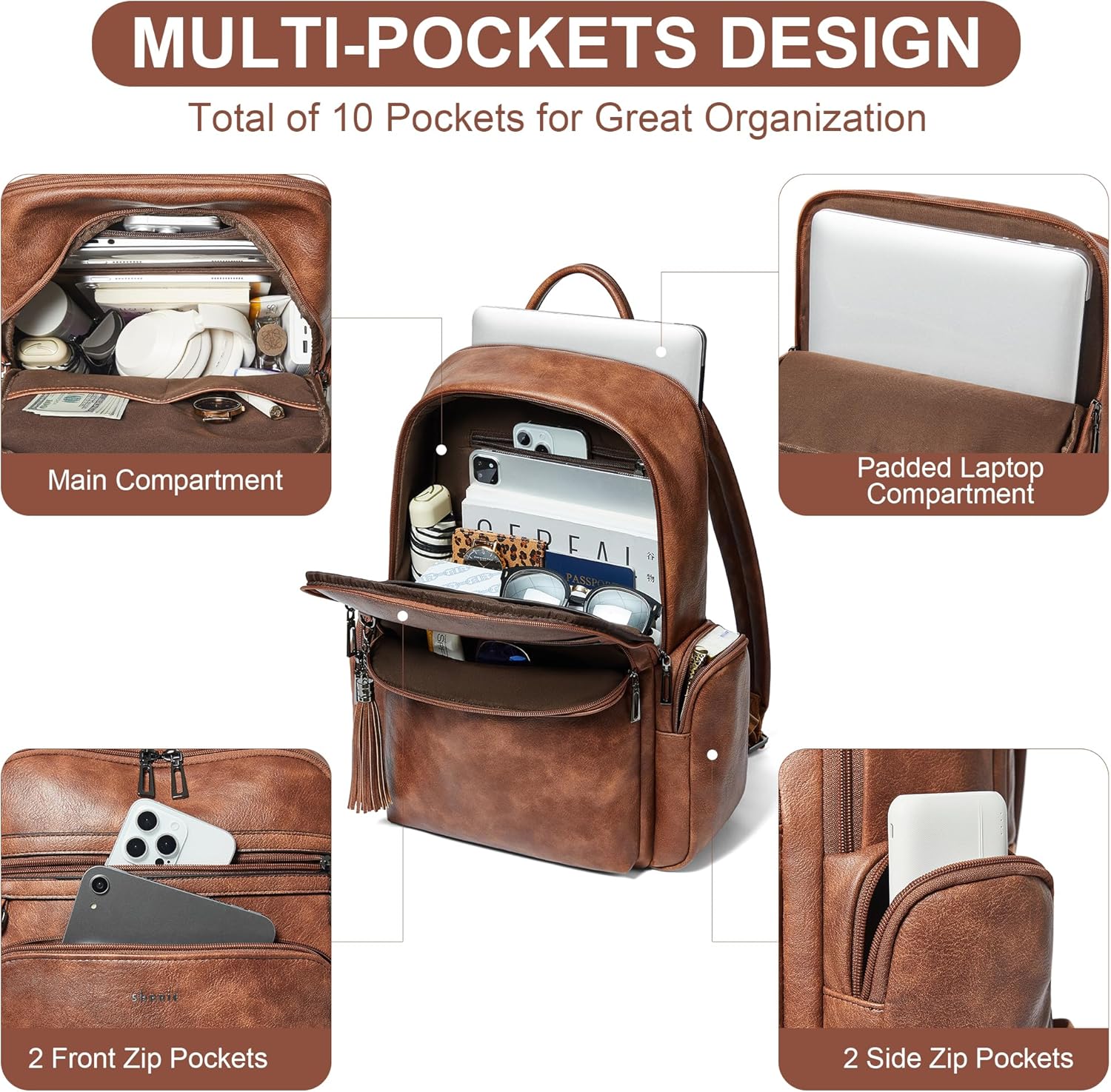 Shrrie Laptop Backpack for Women Fits 16 inch Laptop,Designer Backpacks for Women with Computer Compartment to Business (Brown) - Image 3