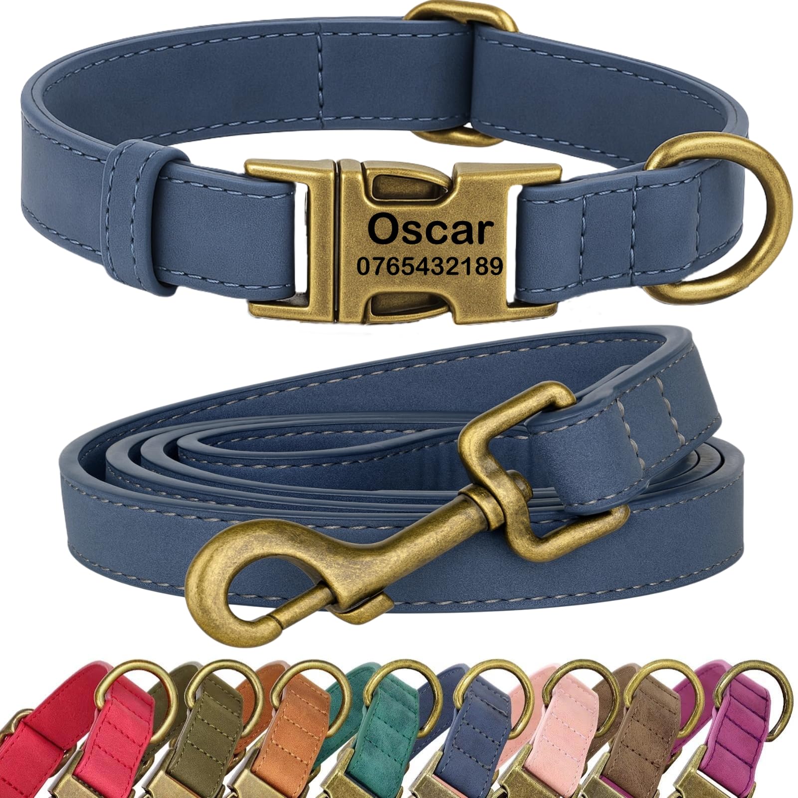 SEOUGEE Personalised Dog Collar and Lead Set, Custom Soft PU Leather Dog Collars, Adjustable & Durable Pet Collars with Quick Release Metal Buckle for Medium Dogs (M, Vintage Blue Set 32-52cm)