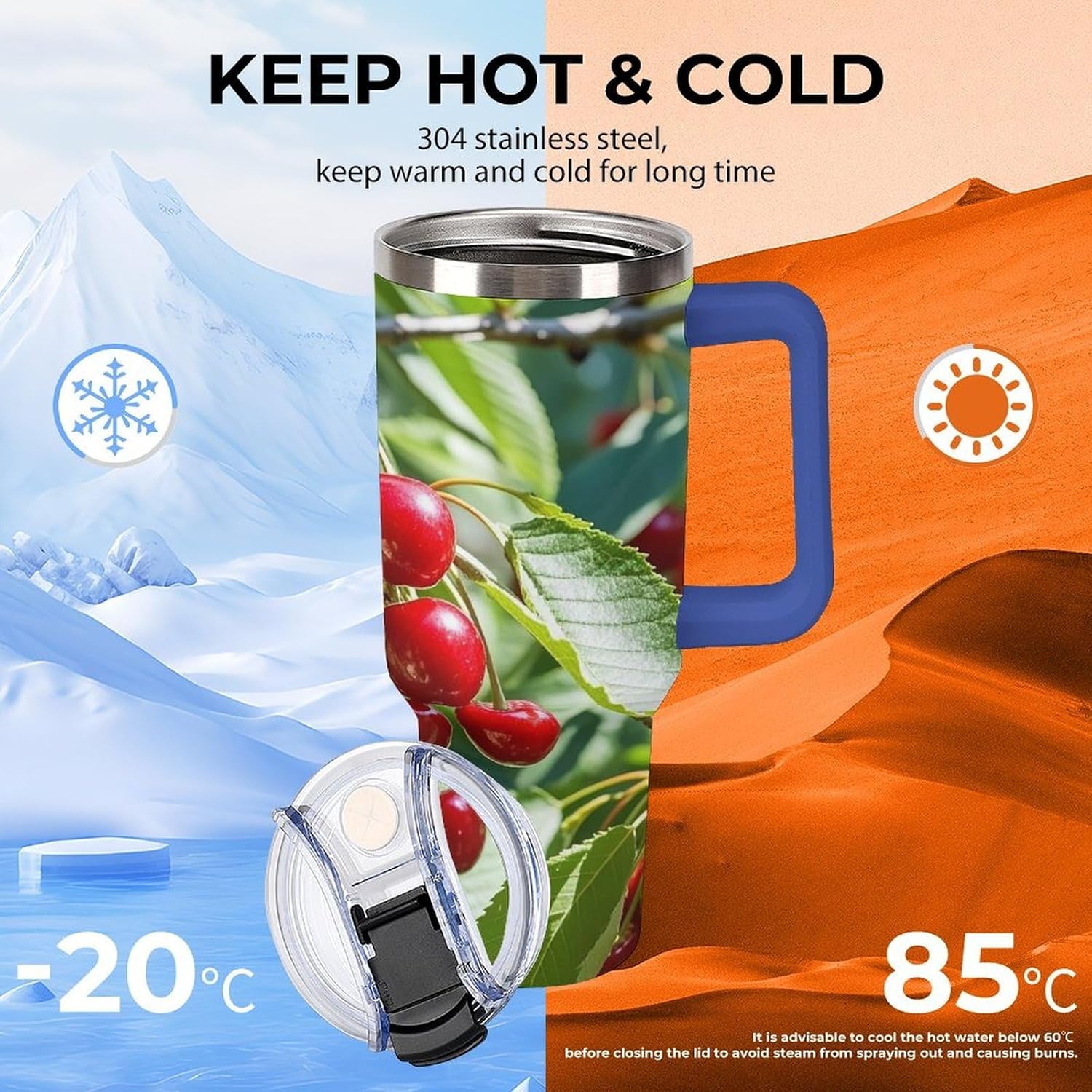 Cherry Travel Coffee Mug Reusable Durable Stainless Steel Insulated Tumbler with Handle And Straw Leak Resistant Portable Thermal Cup Gifts for Men Women 40 Oz