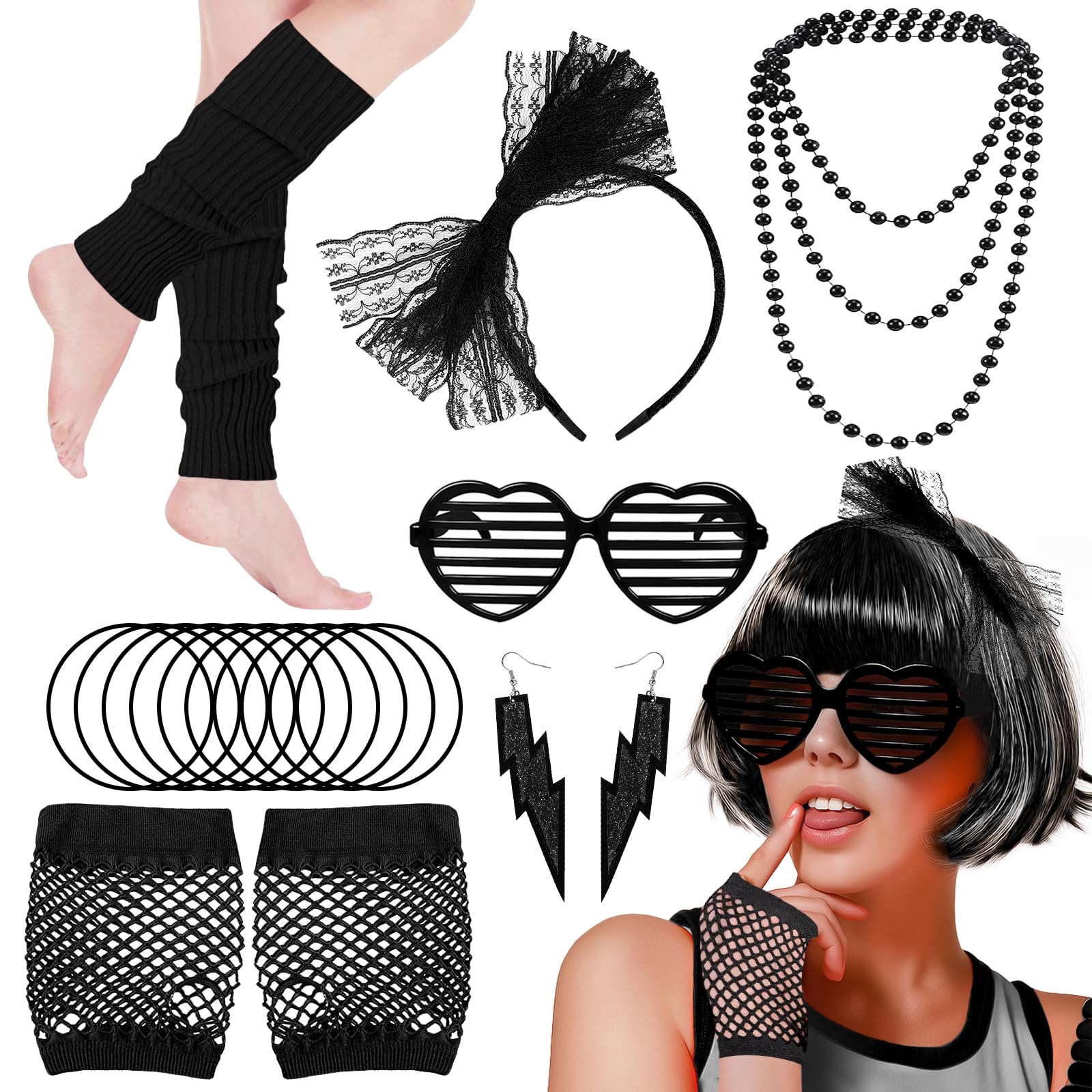 80s Fancy Dress Accessories Set, 1980s Retro Costume Kit with Bow Headband Leg Warmers Fishnet Gloves Earrings Necklace for Women Girls 80s Theme Party Hen Do Party Supplies (Black)