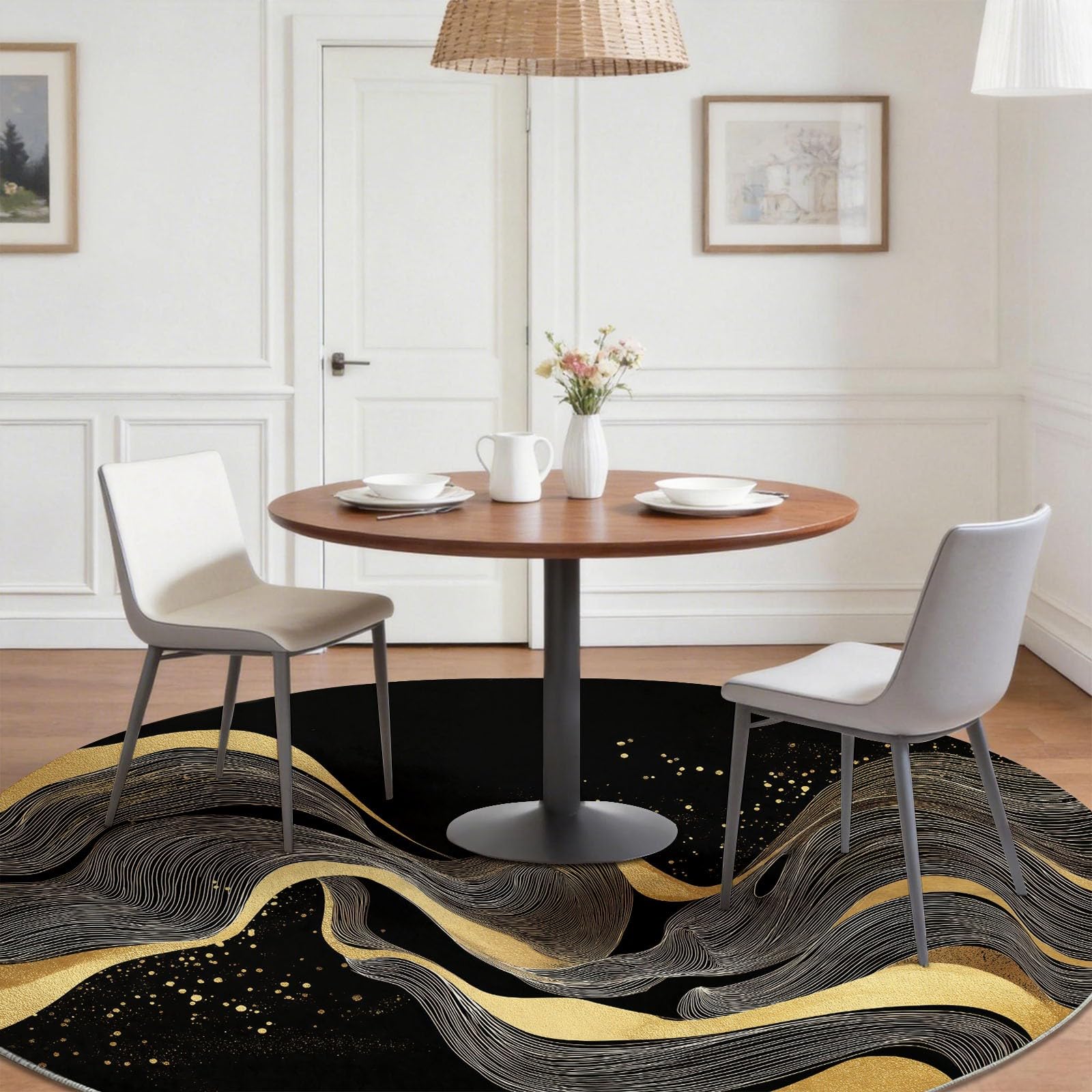 Nero 160 cm (Round) Tappeto Rotondo Salotto Stile giapponese increspature fantasia, Lavabile e Antiscivolo, Morbido Tappeto per Camera da Letto e Soggiorno, per la Protezione del Pavimento