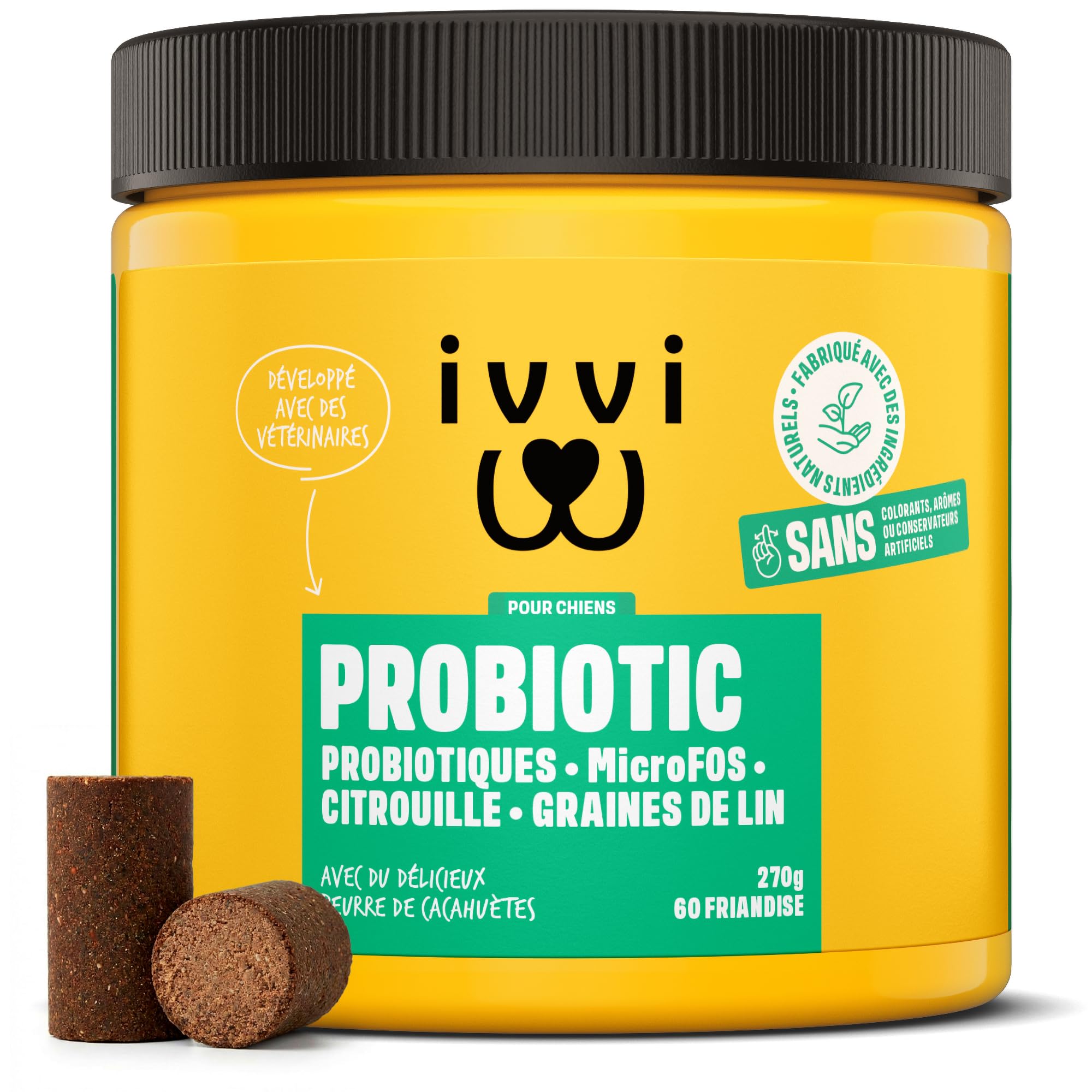 ivvi Probiotic pour Chien - Complément Alimentaire pour Bien-Etre Digestif - Probiotiques, Citrouille, Avoine, Graines de Lin et de Courge - 60 Délicieuses Friandises Végétariennes, 270g